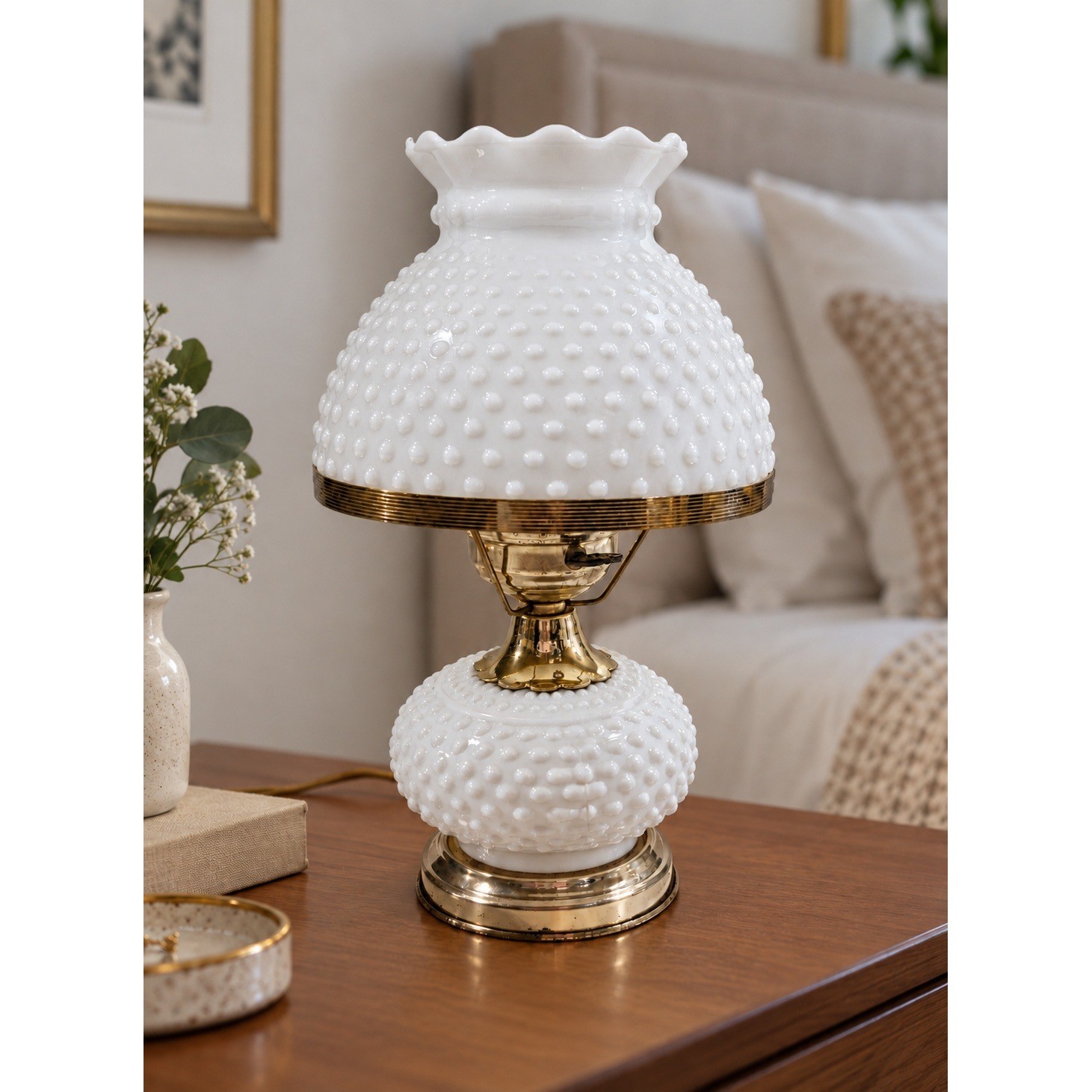 Vintage Hobnail White Milk Glass Hurricane Table Lamp - Ruffled Shade - Working