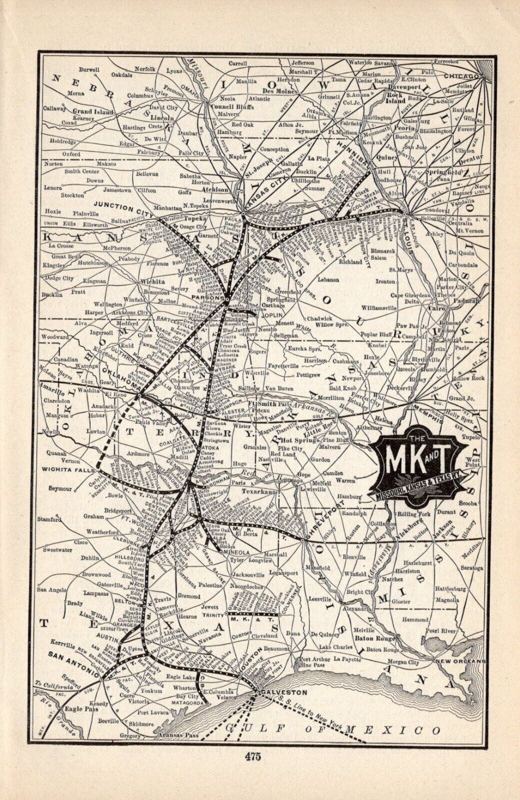 1904 MKT Missouri Kansas & Texas Railway Map Antique Railroad Map 1465