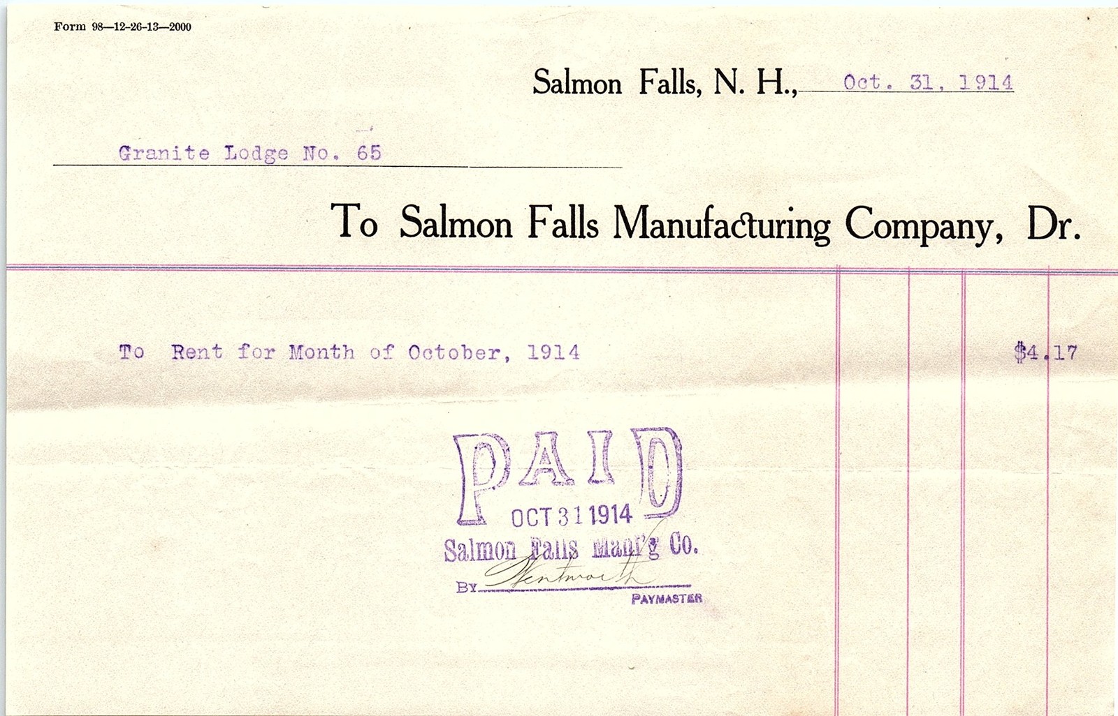 1914 Salmon Falls NH Rent Receipt - Granite Lodge No. 65