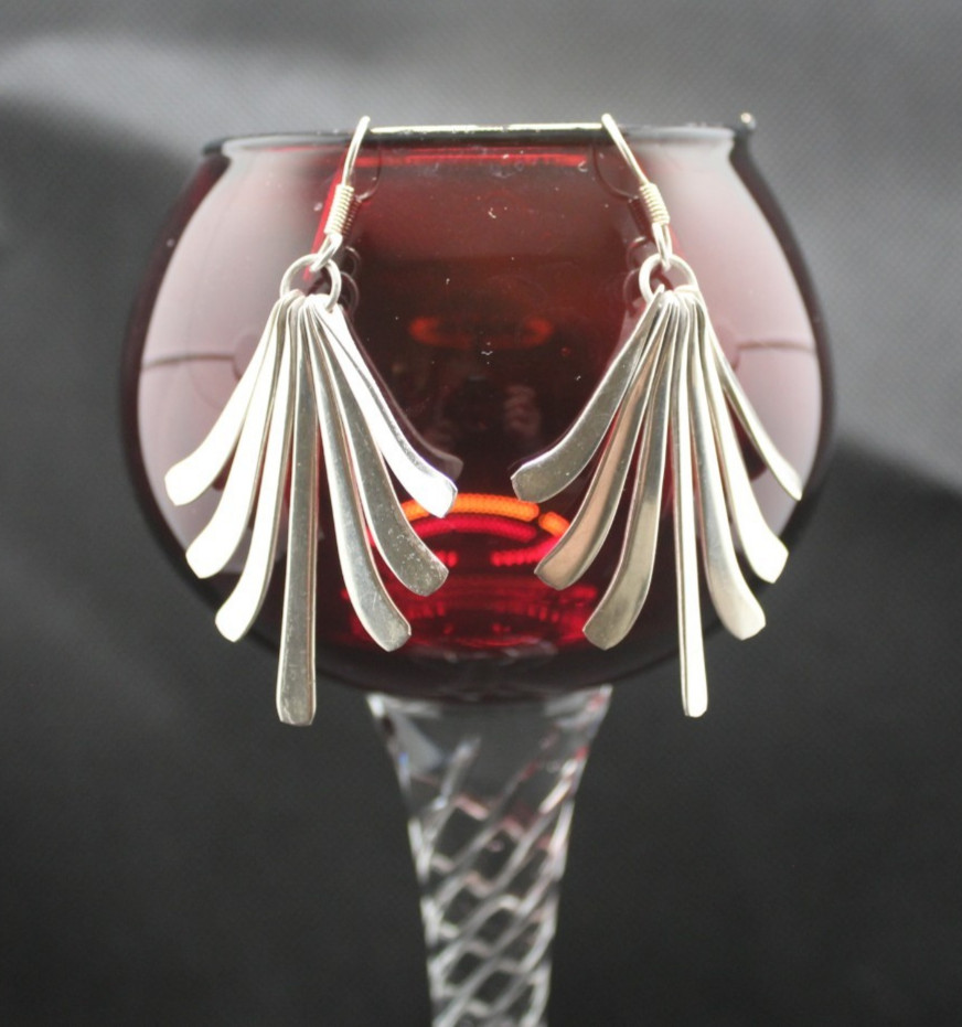Vintage TL-69 Taxco Mexico Sterling Silver Wispy Fan Dangle Earrings 17.4g