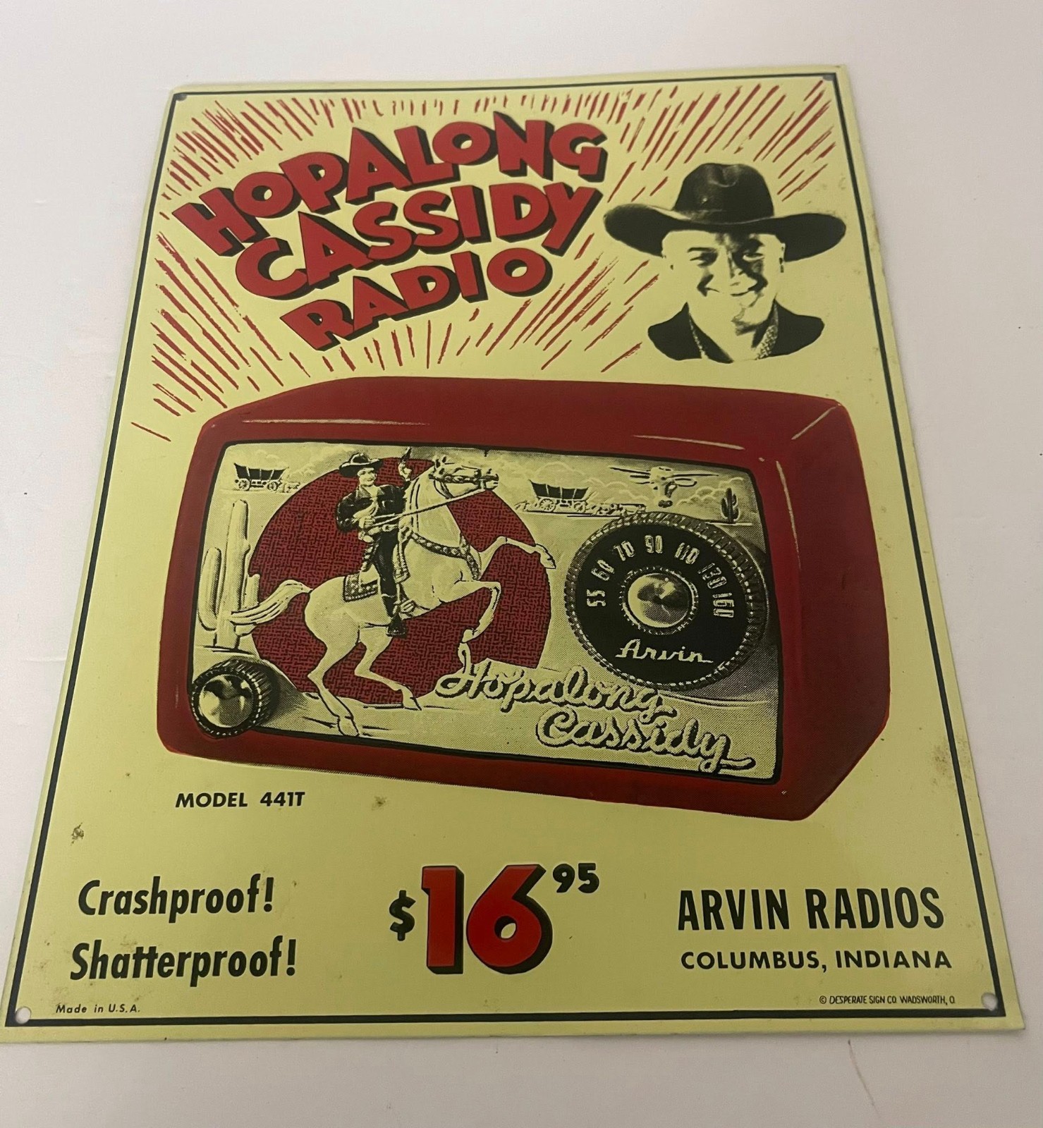 Hopalong Cassidy Radio Tin Sign Art 9 x 12  Arvin Radios Desperate Sign 1990 VTG