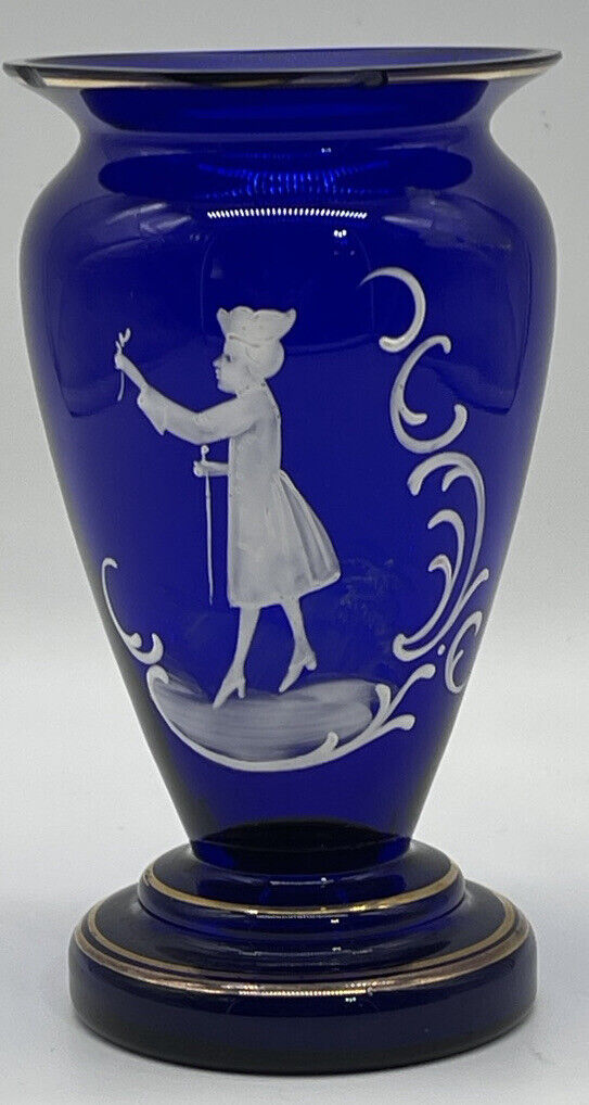 Vintage Cobalt Blue Vase Hand Enameled Bohemian Glass Mary Gregory