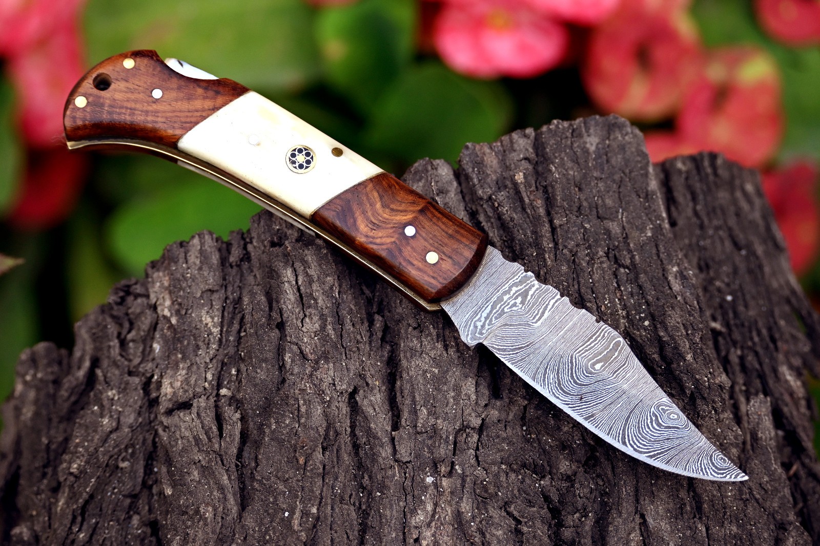 Handmade Damascus Steel Folding Pocket Knife Back Lock With Leather Sheath