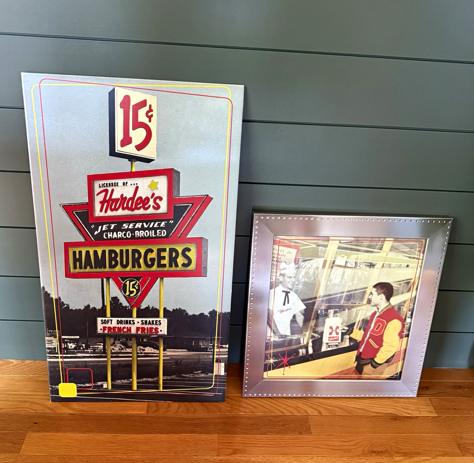 Vintage Hardee’s restaurant decor lot retro $.15 hamburgers, sign/framed picture