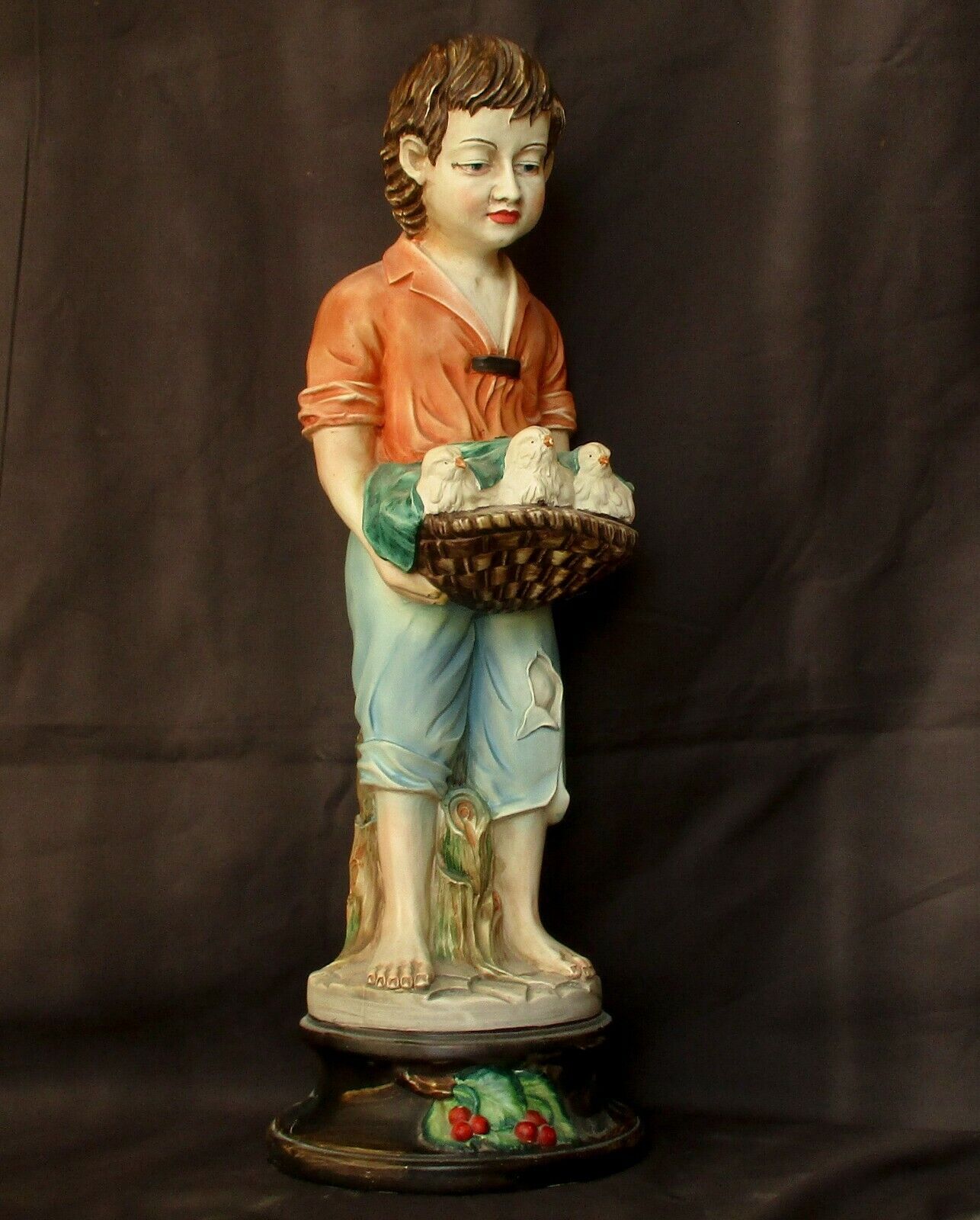 25 Inches - Large Hand Painted Bisque Porcelain Statue: A Poor Boy with Birds 