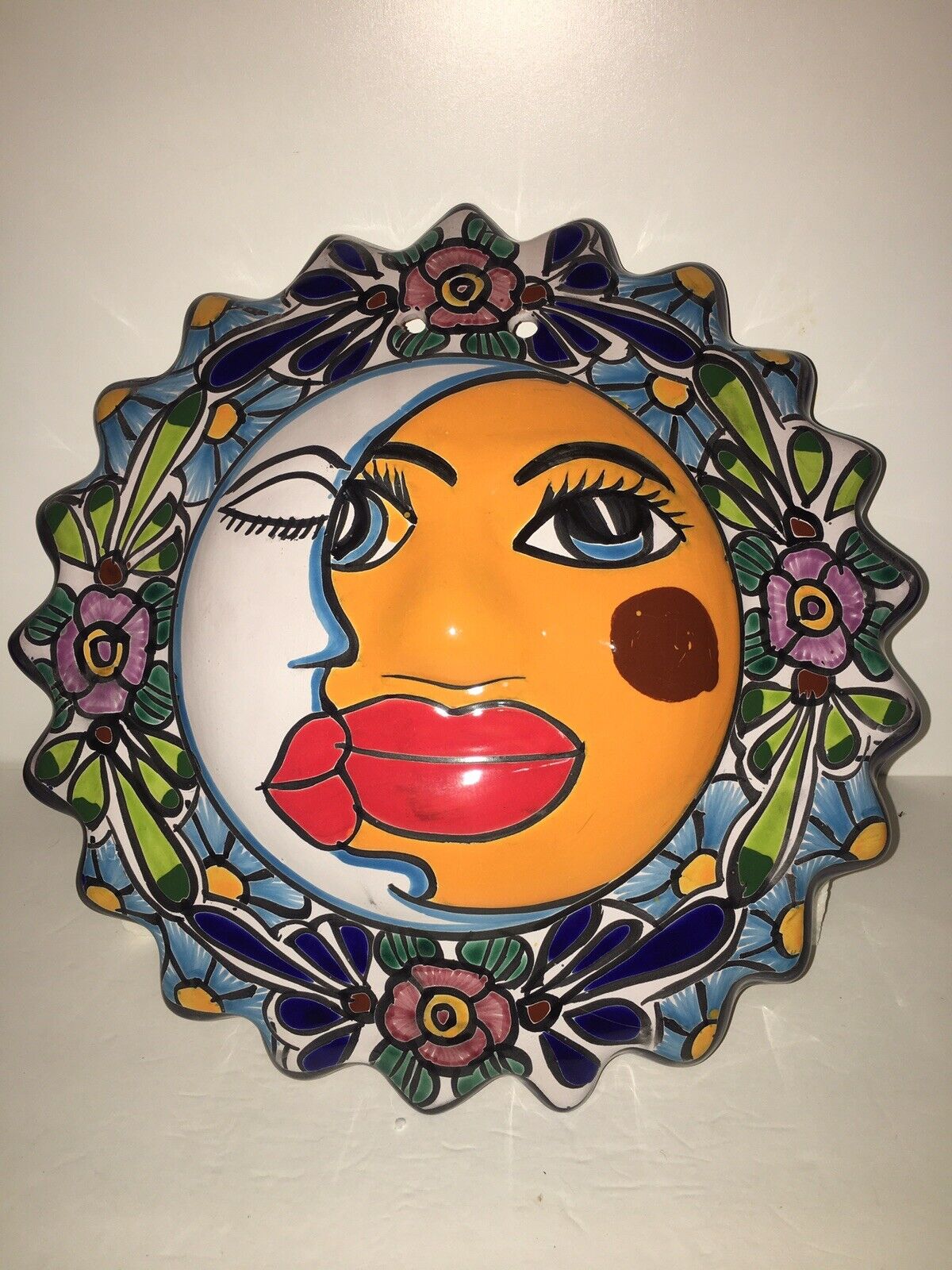 Talavera Mexican Folk Art Pottery Wall Plaque Sun and Moon Eclipse 14”in Round
