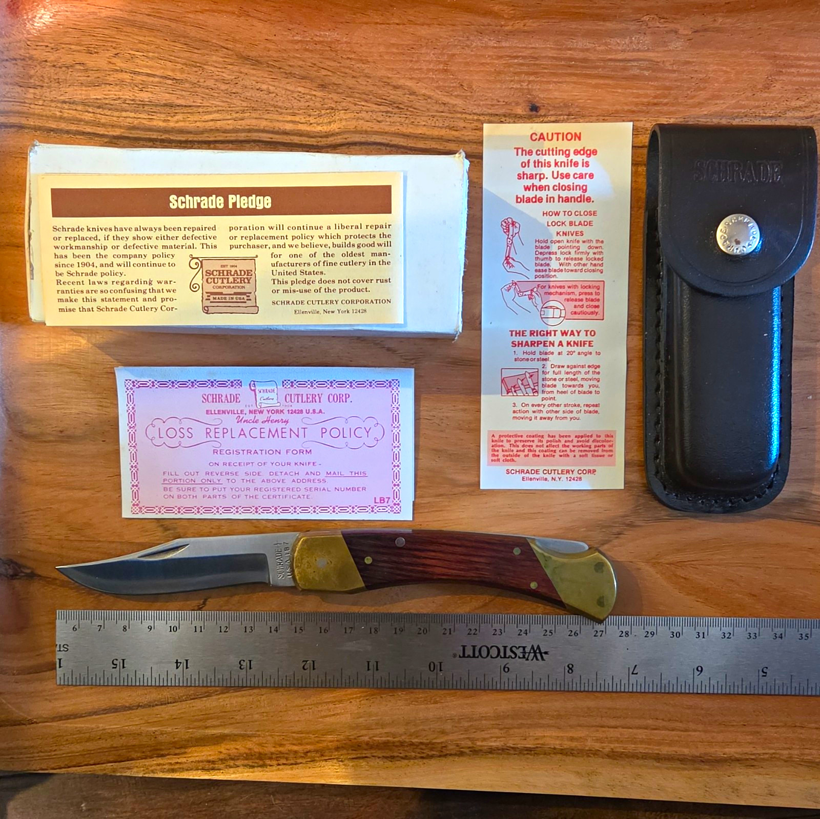 Schrade+ LB-7 Bear Paw Pocketknife Leather Sheath and original box