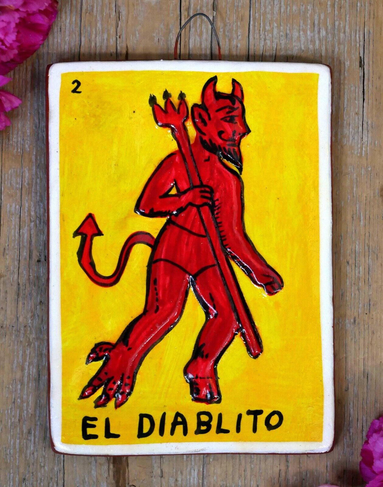 Loteria #2 El Diablito the Devil Clay Hand Painted Tonala Mexican Game Folk Art