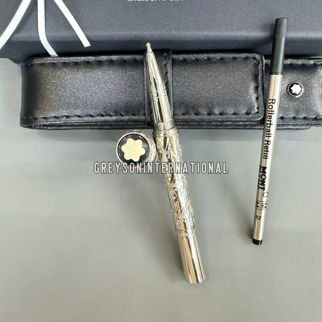 Hot MB Silver Tone Floral Engraved Rollerball Pen w/ Pouch & Refill