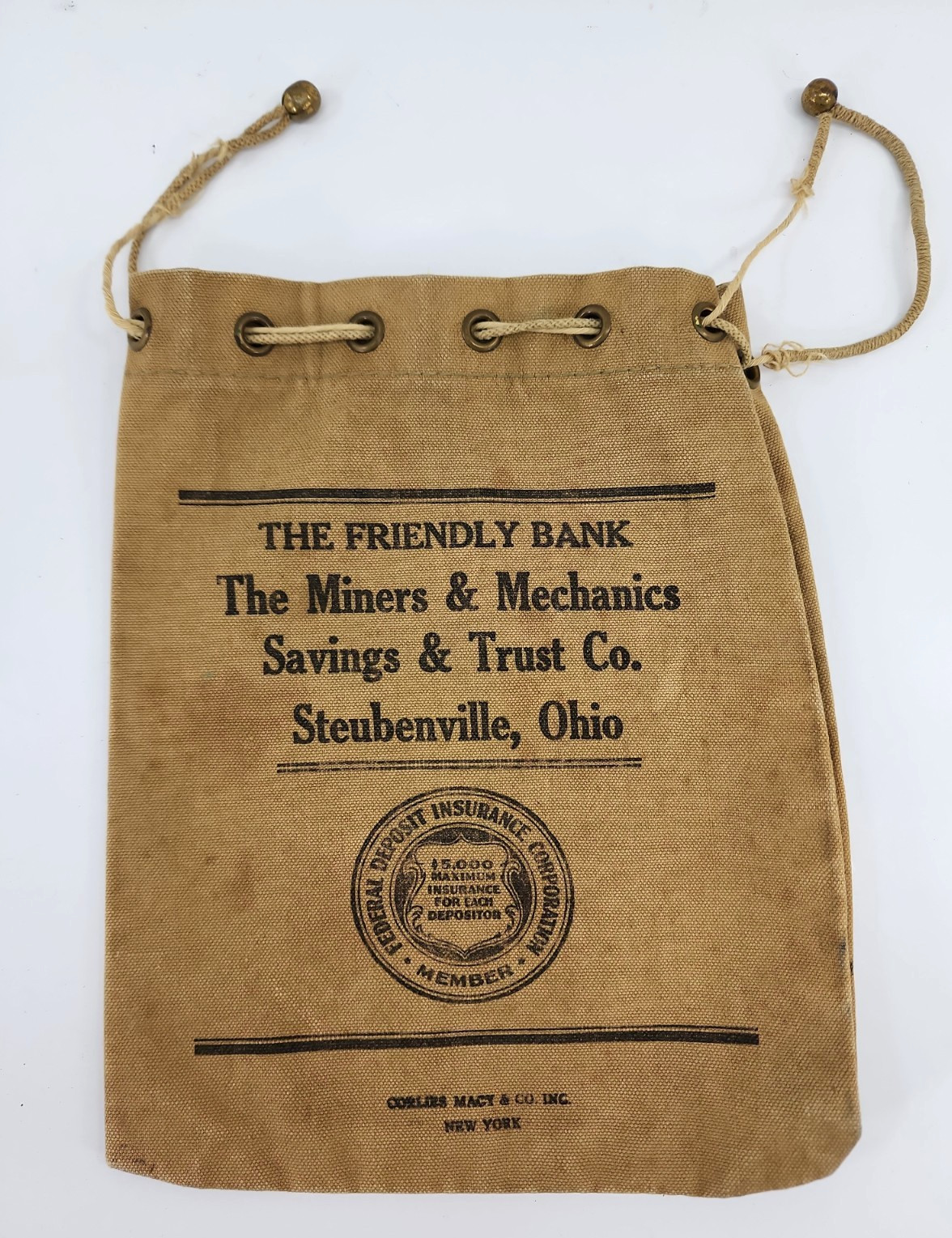 Vintage Canvas Bank Money Bag Steubenville Ohio The Miners & Mechanics Savings