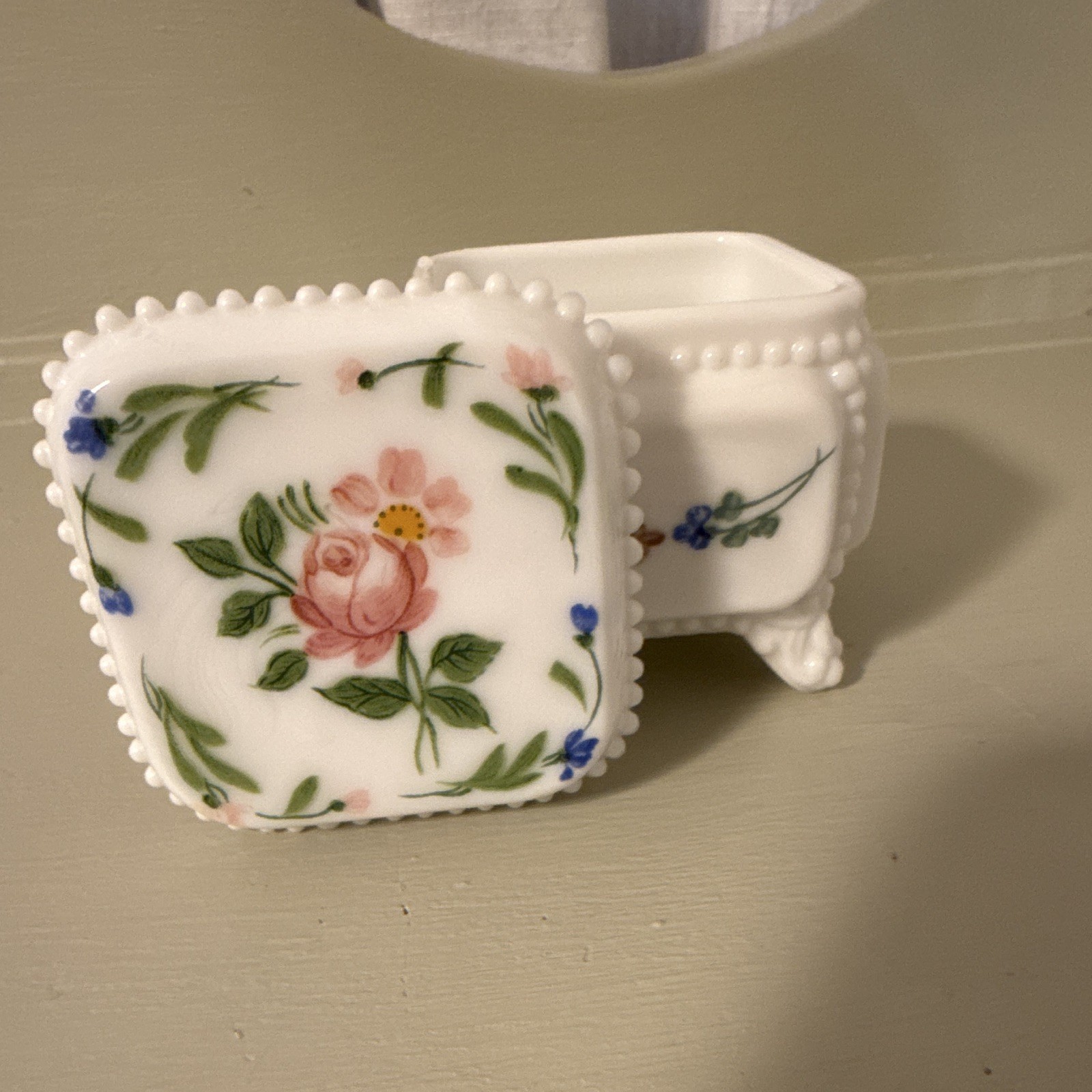 Westmoreland Milk Glass Square Floral Lidded Trinket Box Footed Beaded Edge