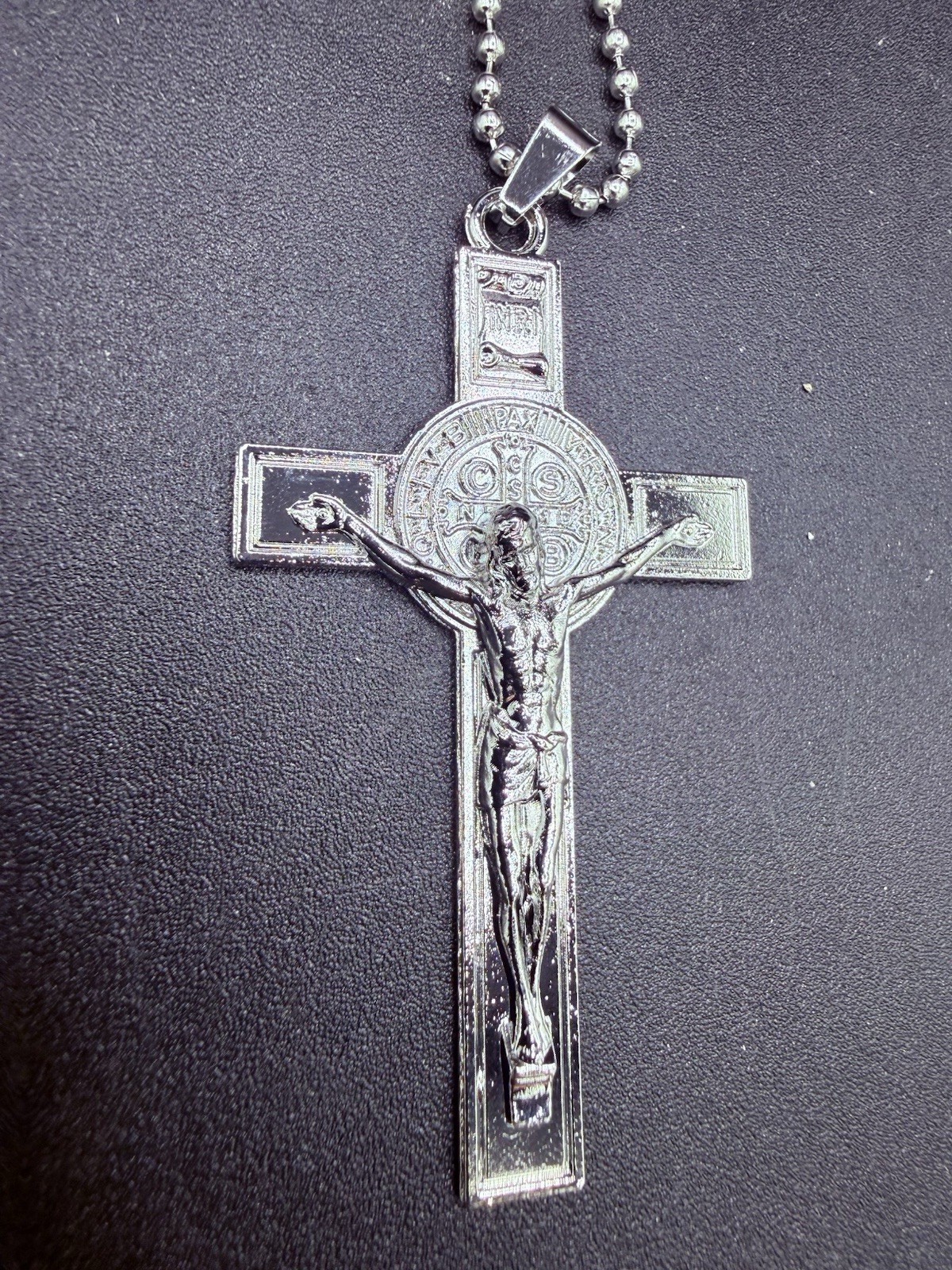 Large Lined Beveled Silvertone St Benedict Crucifix Cross Necklace