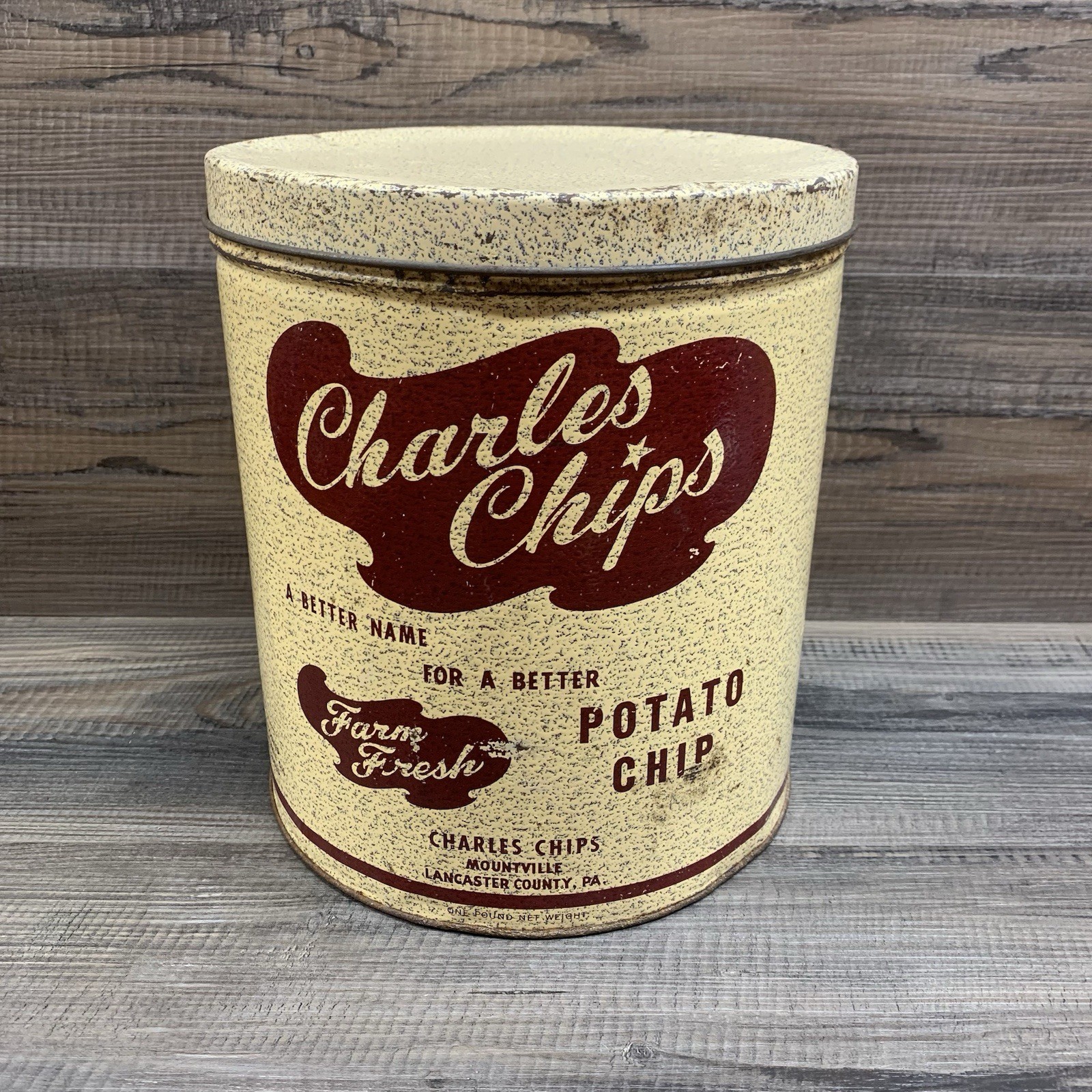 VTG Large Charles Chips Potato Chip Tin Can w/ Lid 1 Lb Mountville, PA Lancaster