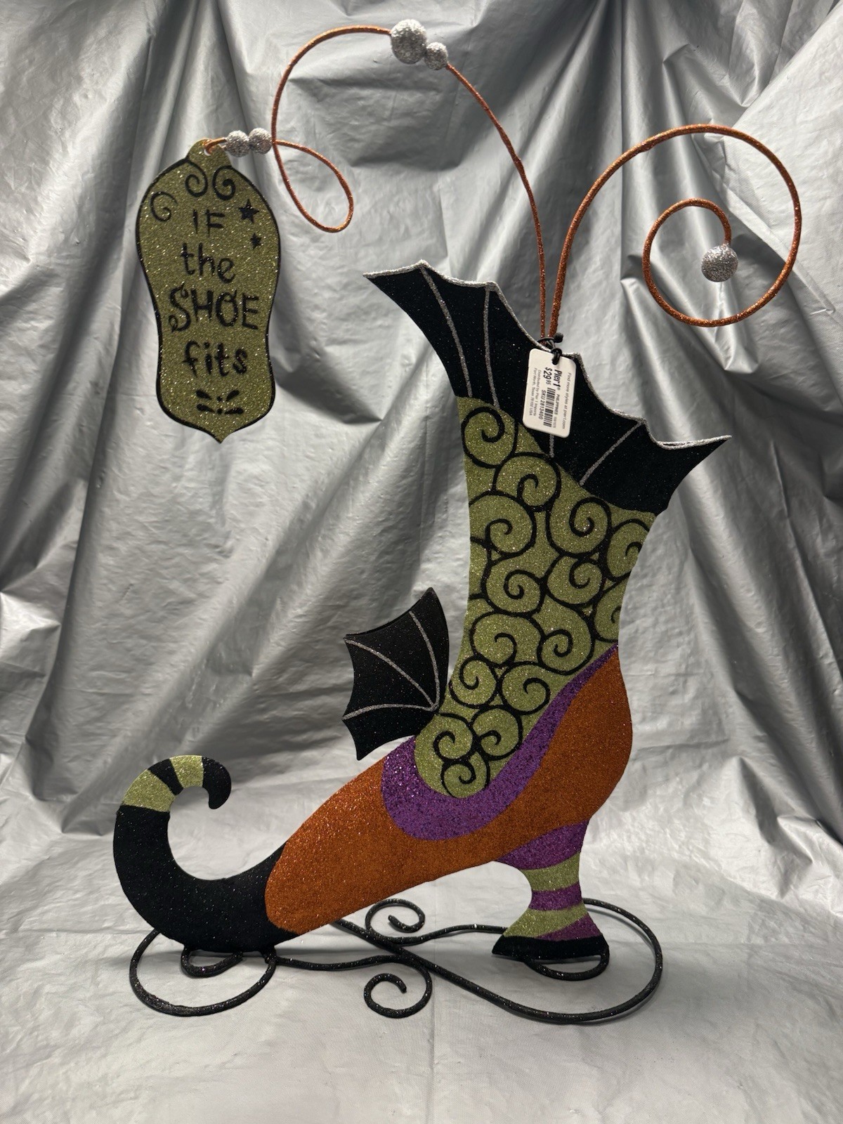 Pier 1 One VTG WITCH BOOT “IF THE SHOE FITS” BAT HALLOWEEN GLITTR RARE 19” NWT