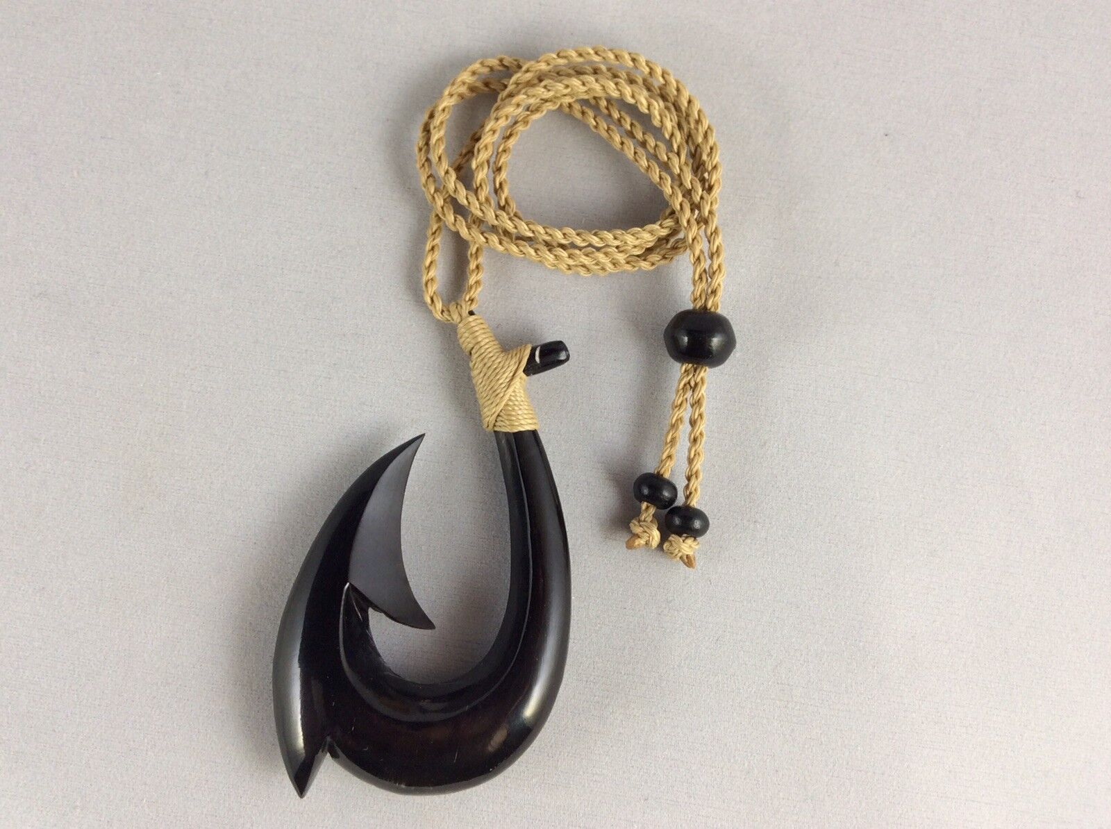 Hawaiian Fishhook Necklace Carved From Buffalo Horn XLarge 3”T.Adjustable Cord
