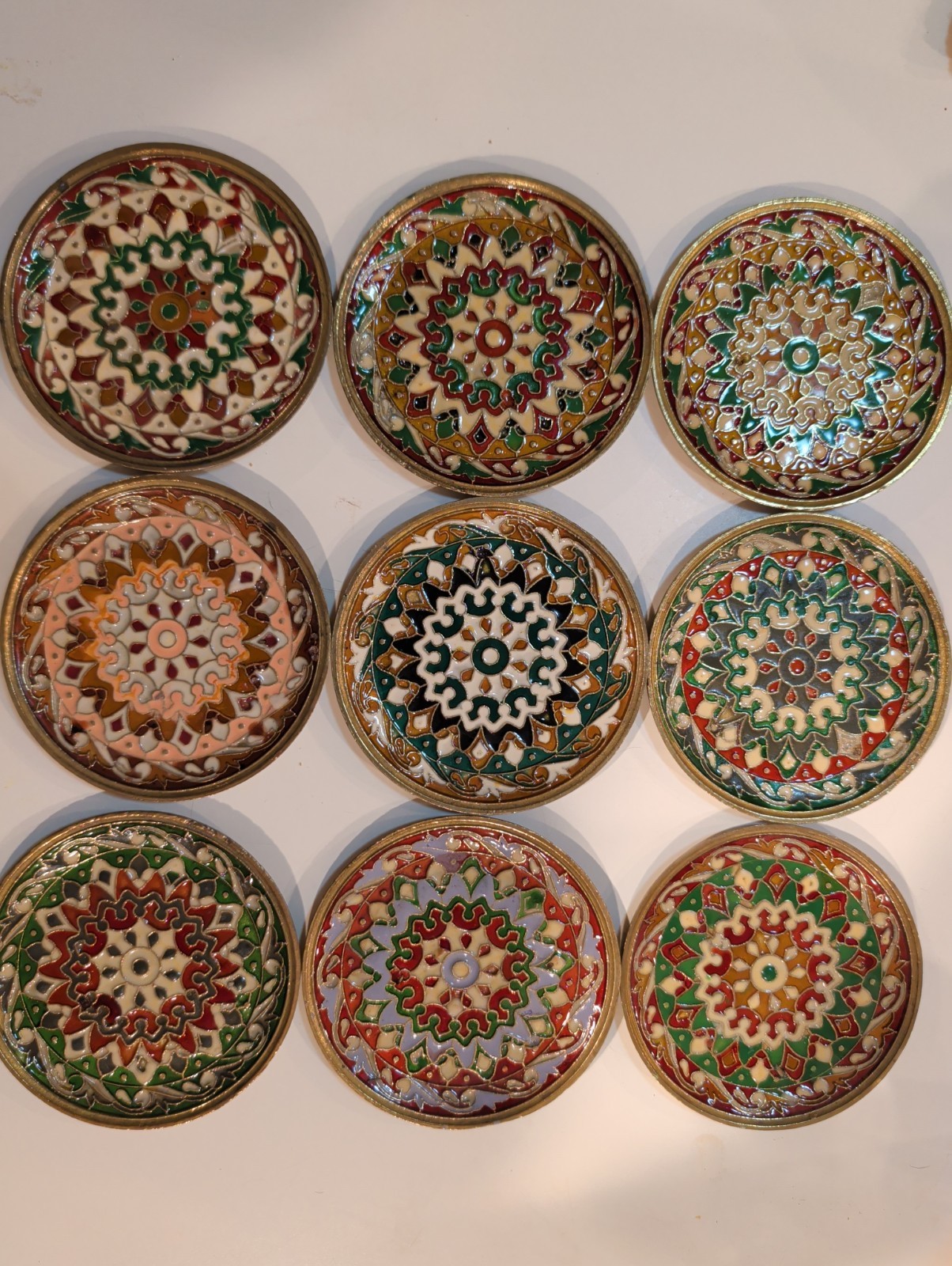 Vintage Cloisonne Trinket Dish: Byzantine Floral Enamel, Brass Wall Hanging 4 in