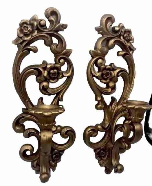 Vintage MCM Gold Wall Sconces Candle Holder Floral Pair Hollywood Regency Fun