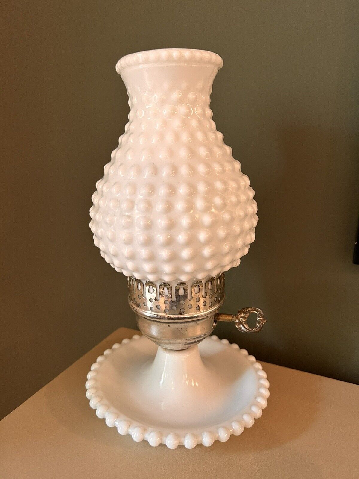 Vintage 11” Hobnail Milk Glass Hurricane Lamp.