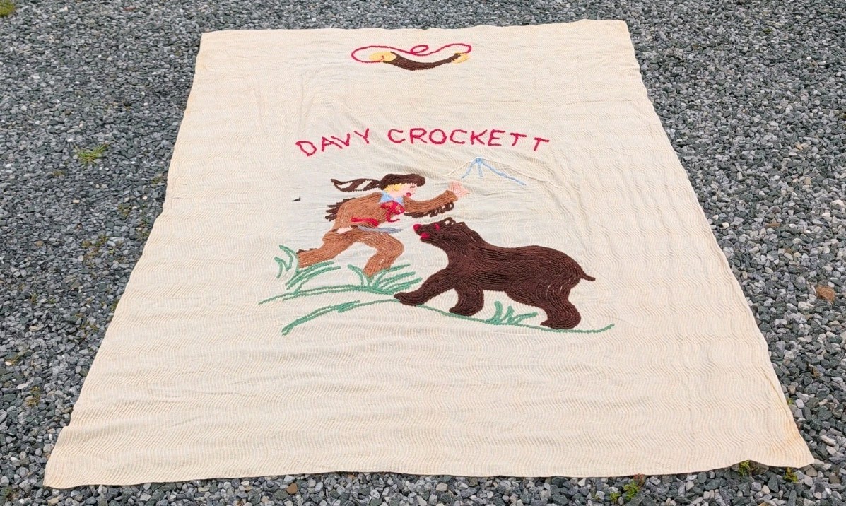Rare Davy Crockett Handmade Stitched Vintage 1950s Chenille Bedspread 100” X 72” Rare Davy Crockett Handmade Stitched Vintage 1950s Chenille Bedspread 100” X 72”