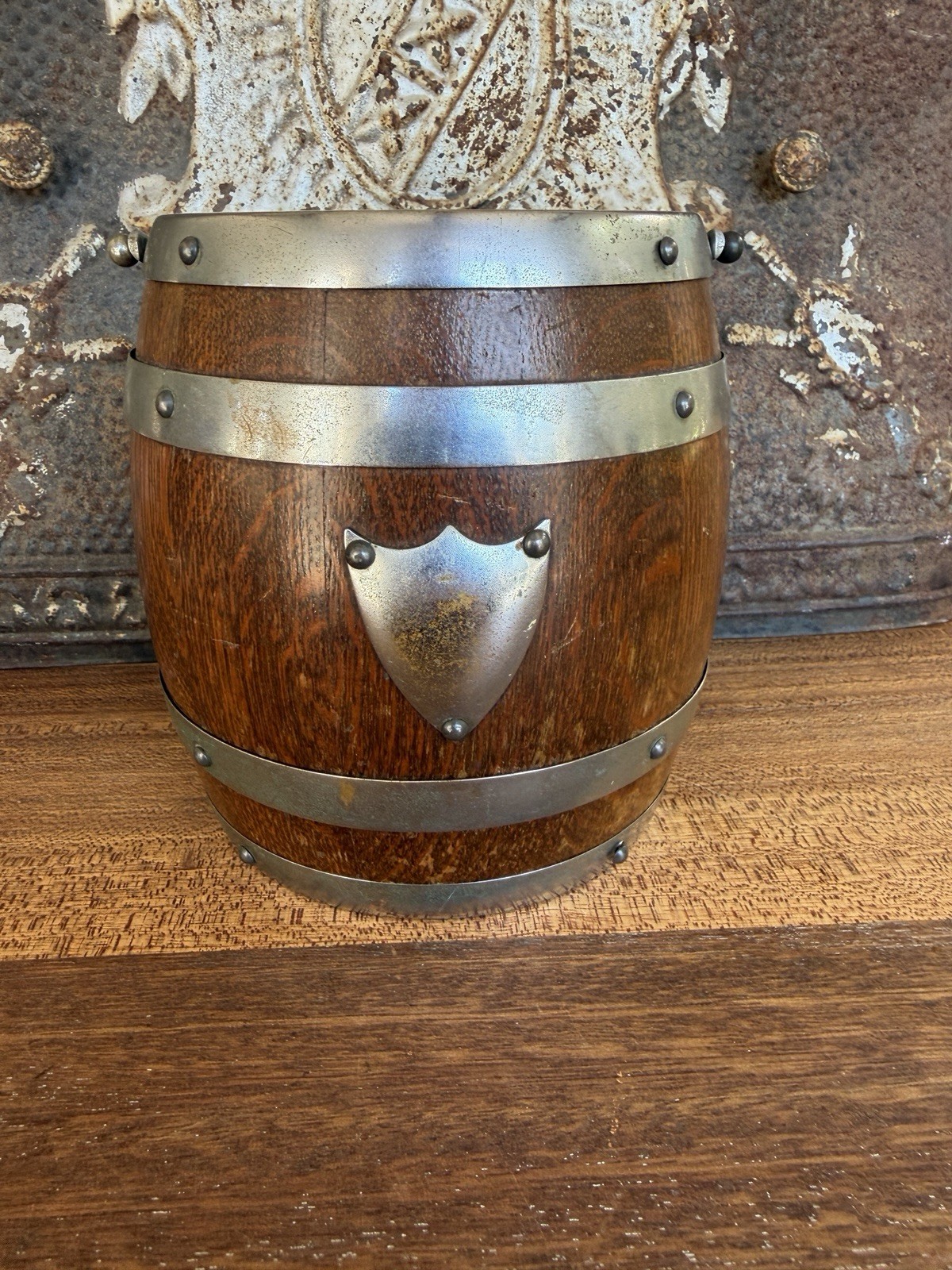 Antique English Oak Wooden Biscuit Barrel with Ironstone Insert - c. 1900