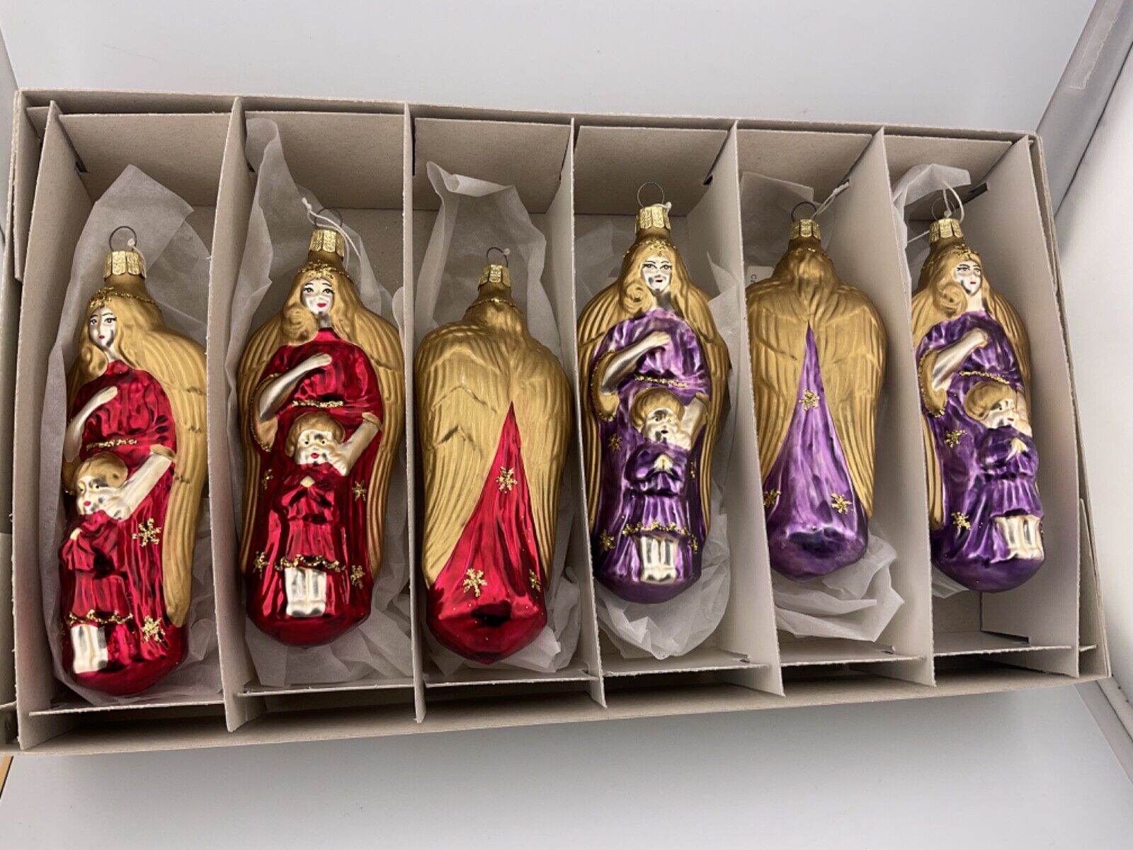 box of 6 czech hand blown glass guardian angel Christmas ornaments