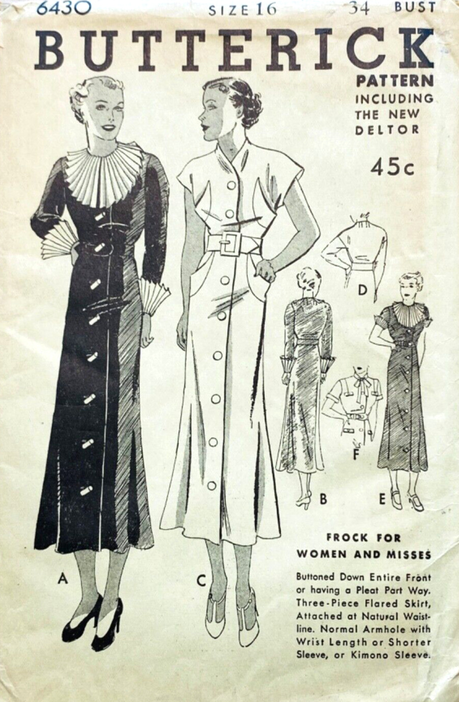 RARE 1930s BUTTERICK 6430 SIZE 16 BUST 34 DRESS COLLAR SLEEVE VARIATIONS UC/FF