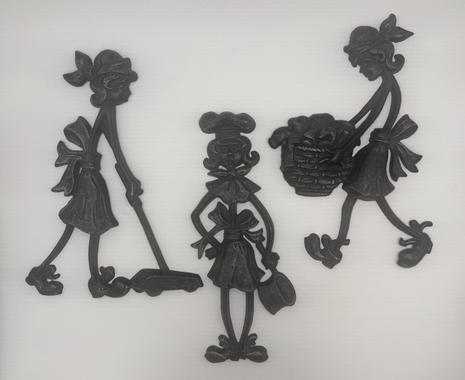 VTG Cast Aluminum Sexton Wall Hangings Plaques Housework Chores 1971 Set 3 12”