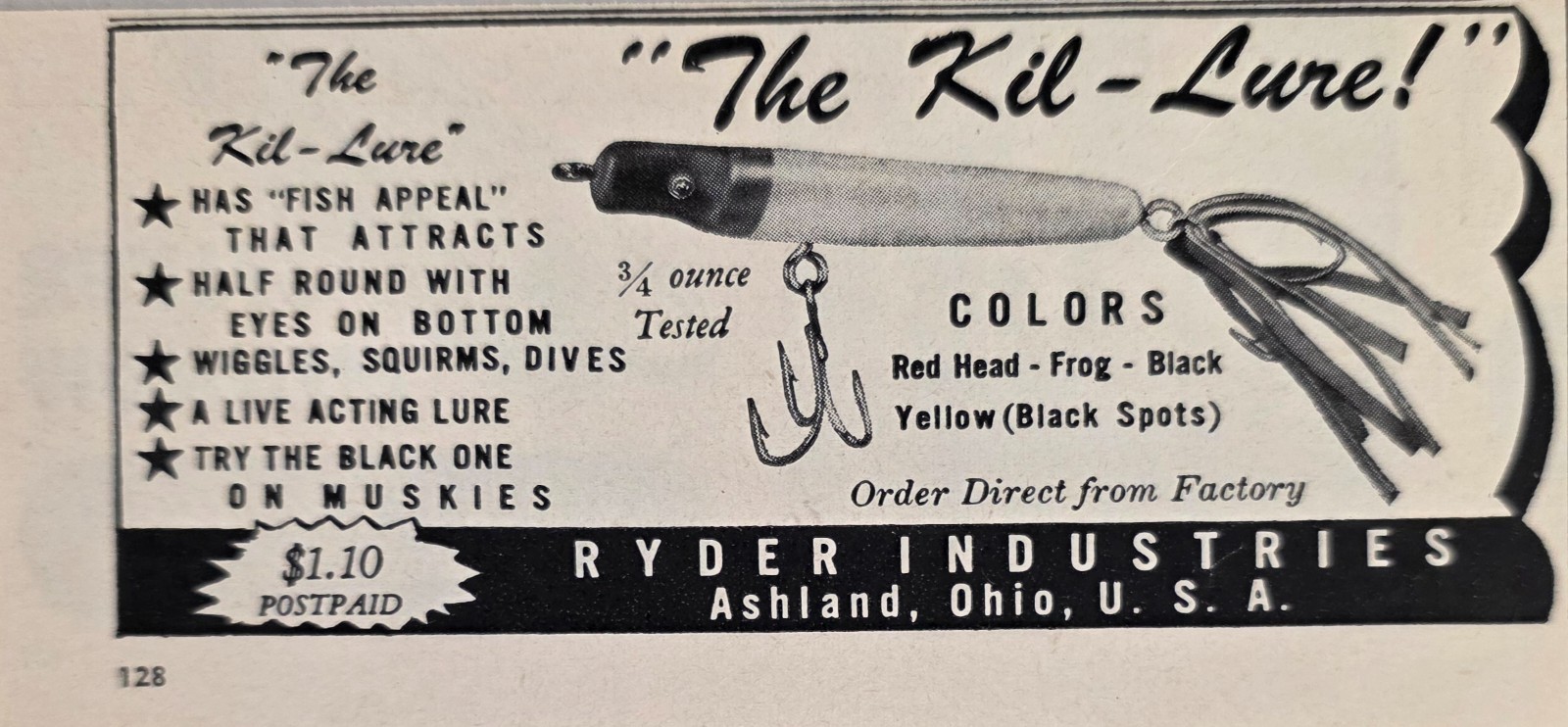 1948 Print Ad The Kil-Lure Fishing Lure Has Fish Appeal Ryder Ind. Ashland,OHIO