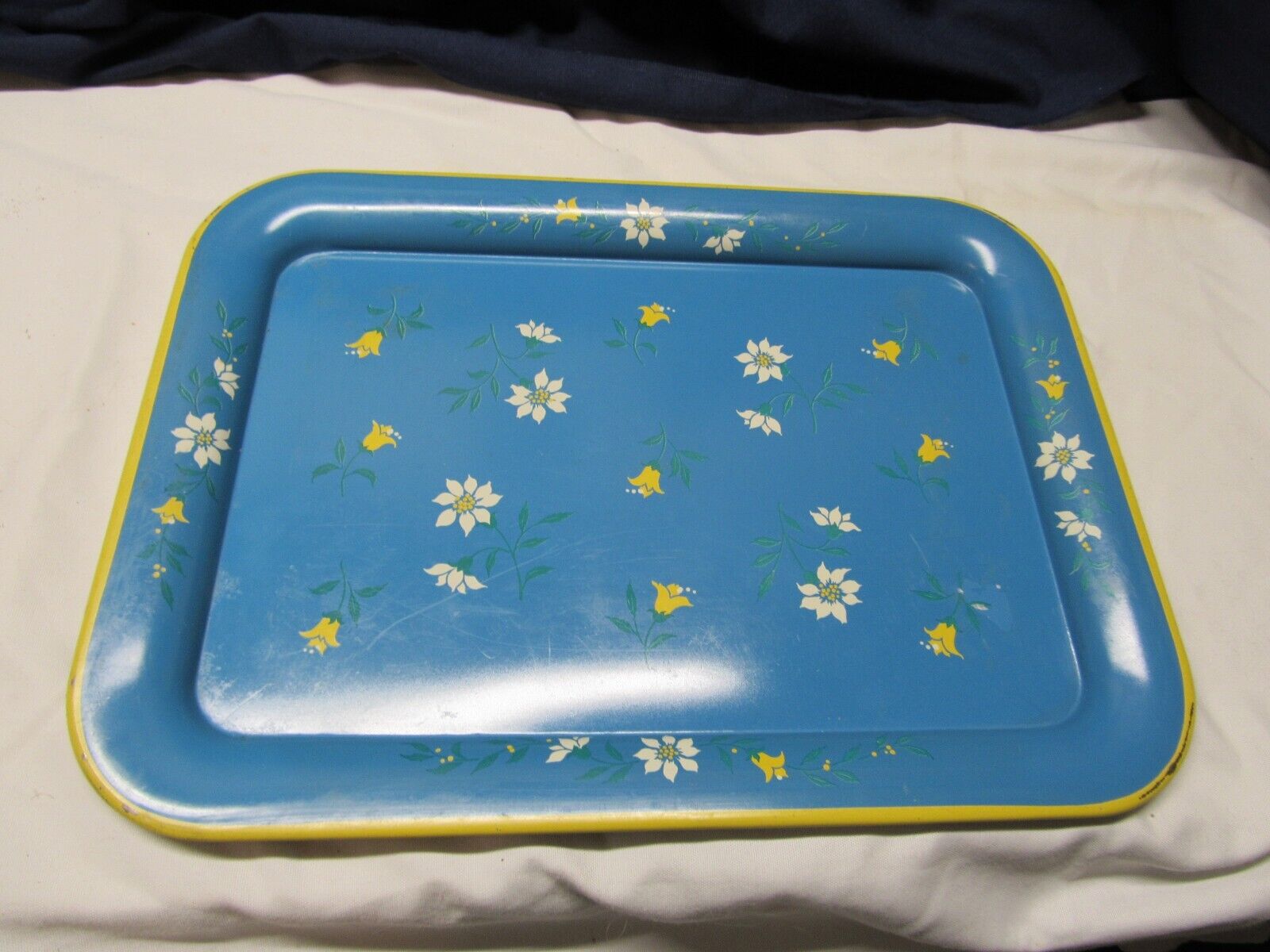  Vintage Cottage Metal Serving Tray Yellow Blue floral 17 1/2” x 12 3/4\