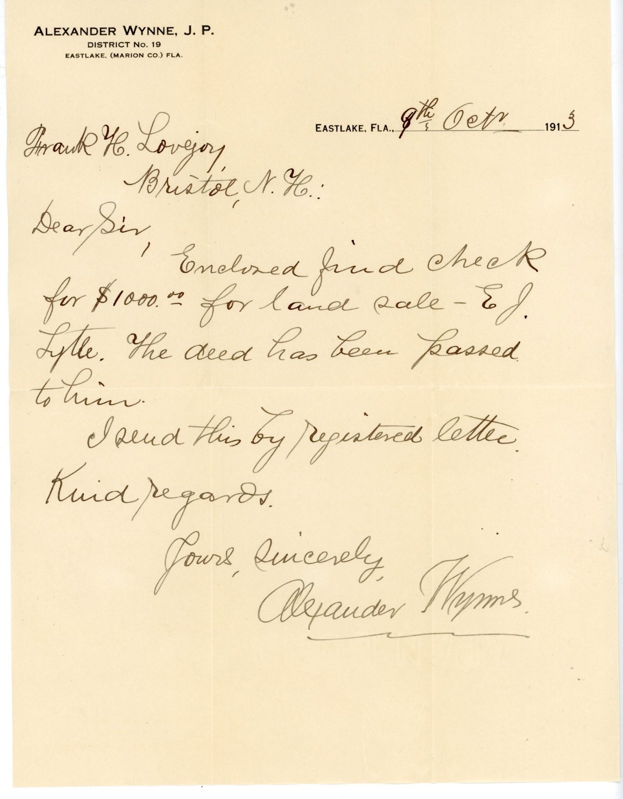 1913 Letter Alexander Wynne JP Eastlake Marion Florida Land Sale Frank Lovejoy