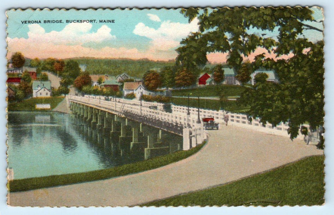 BUCKSPORT, Maine ME ~ Street Scene VERONA BRIDGE 1910s-20s Gold Border Postcard