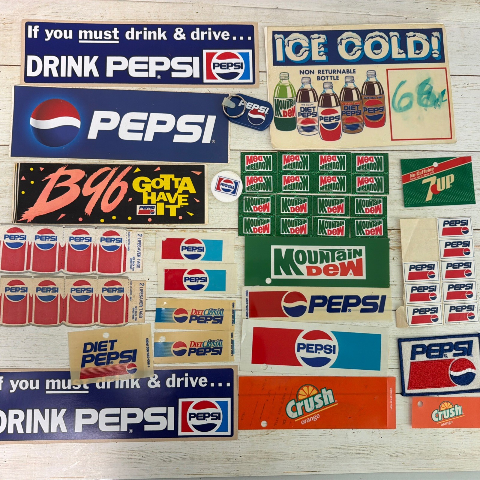 Vintage Pepsi Decal Bumper Sticker Tag Lot Mountain Dew Crush Diet Crystal 7 Up