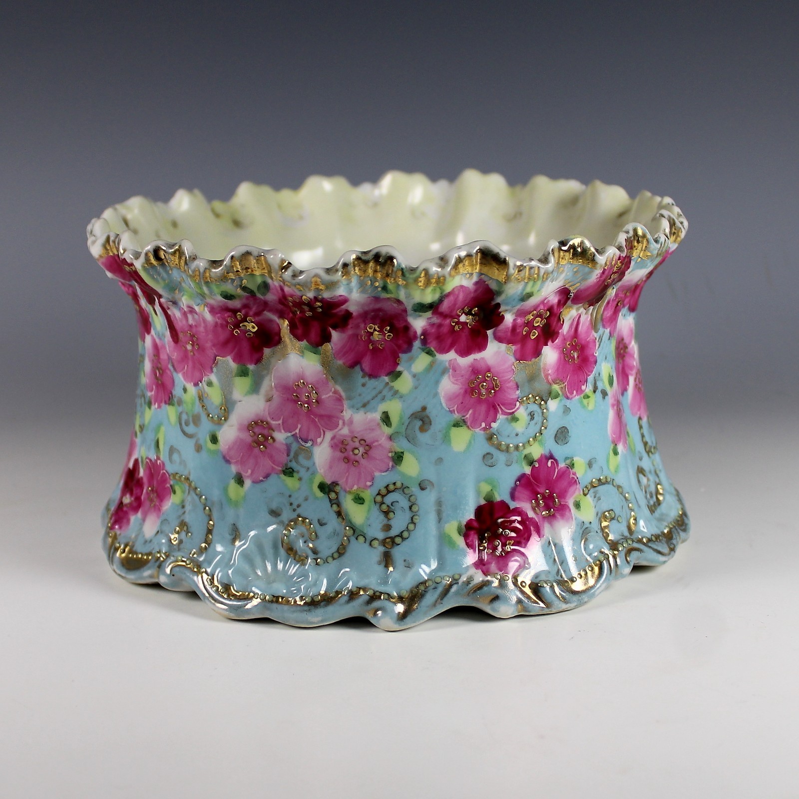 Antique Nippon Hand Painted Moriage Maple Leaf Mark Gold Floral Cache Pot Japan