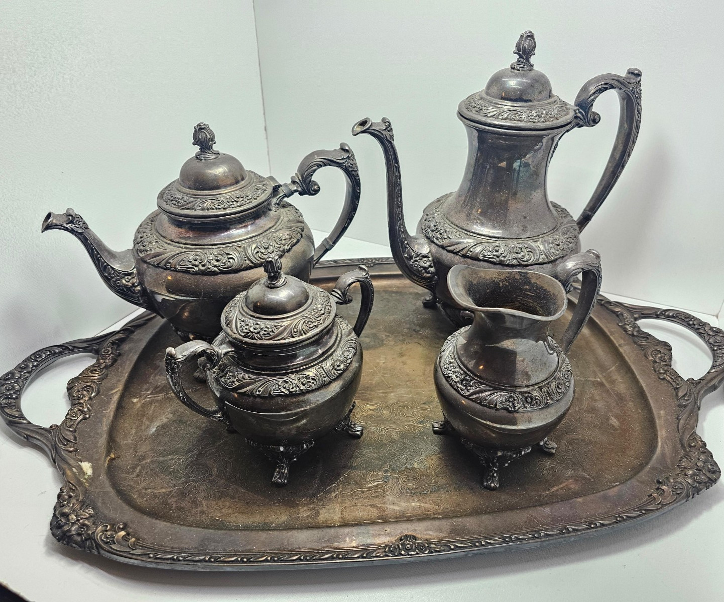 Vintage 1847 Rogers Bros HERITAGE Silverplate Tea Coffee cream sugar Tea tray