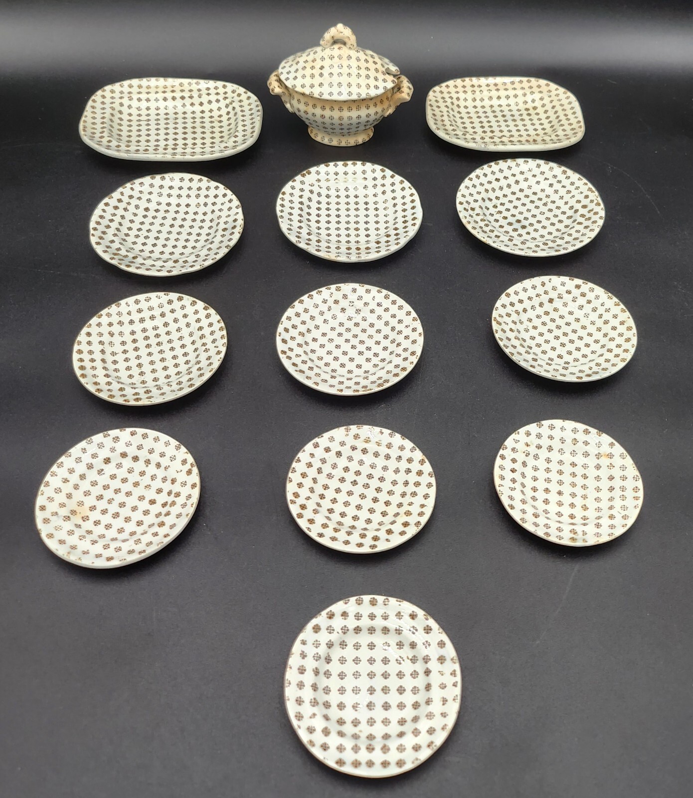 14-pc RARE Davenport CRISSCROSS SHEET Circa 1850\'s Child Dollhouse Tureen Plates