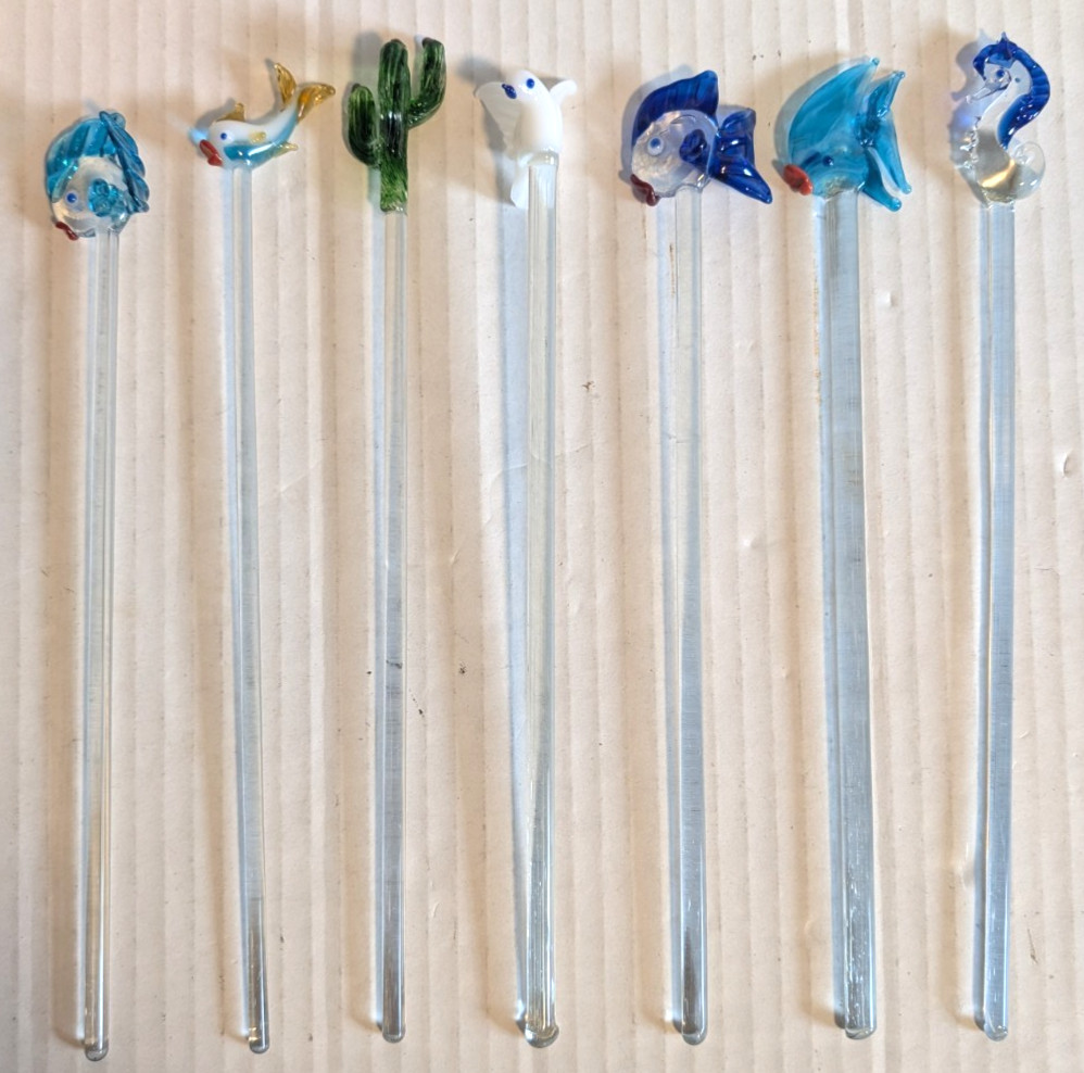 Vintage Blown Glass Tropical Swizzle Sticks Cocktail Stirrers - Set of 7