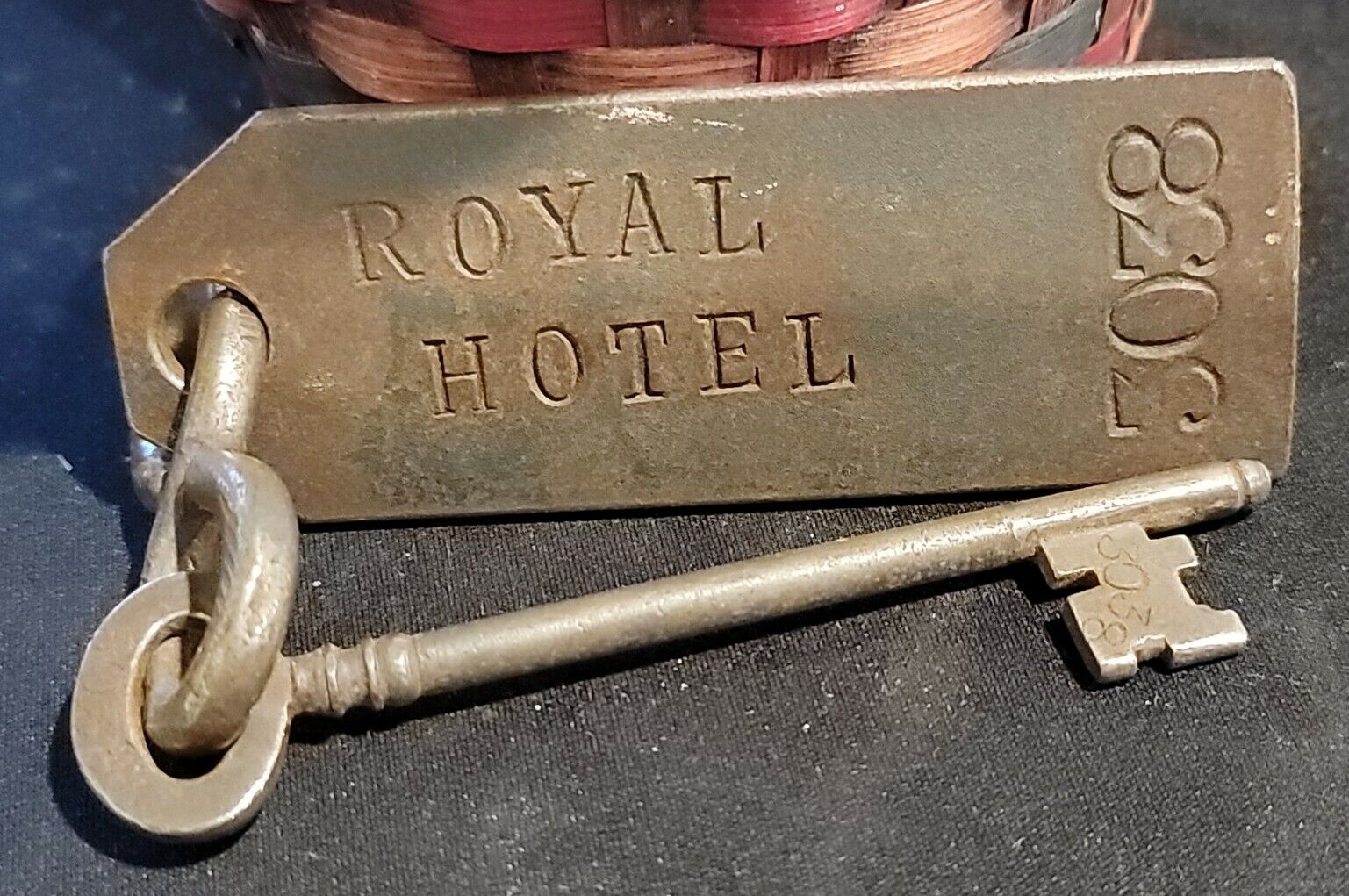 The Royal Hotel Antique Skeleton Room Key with Fob RARE