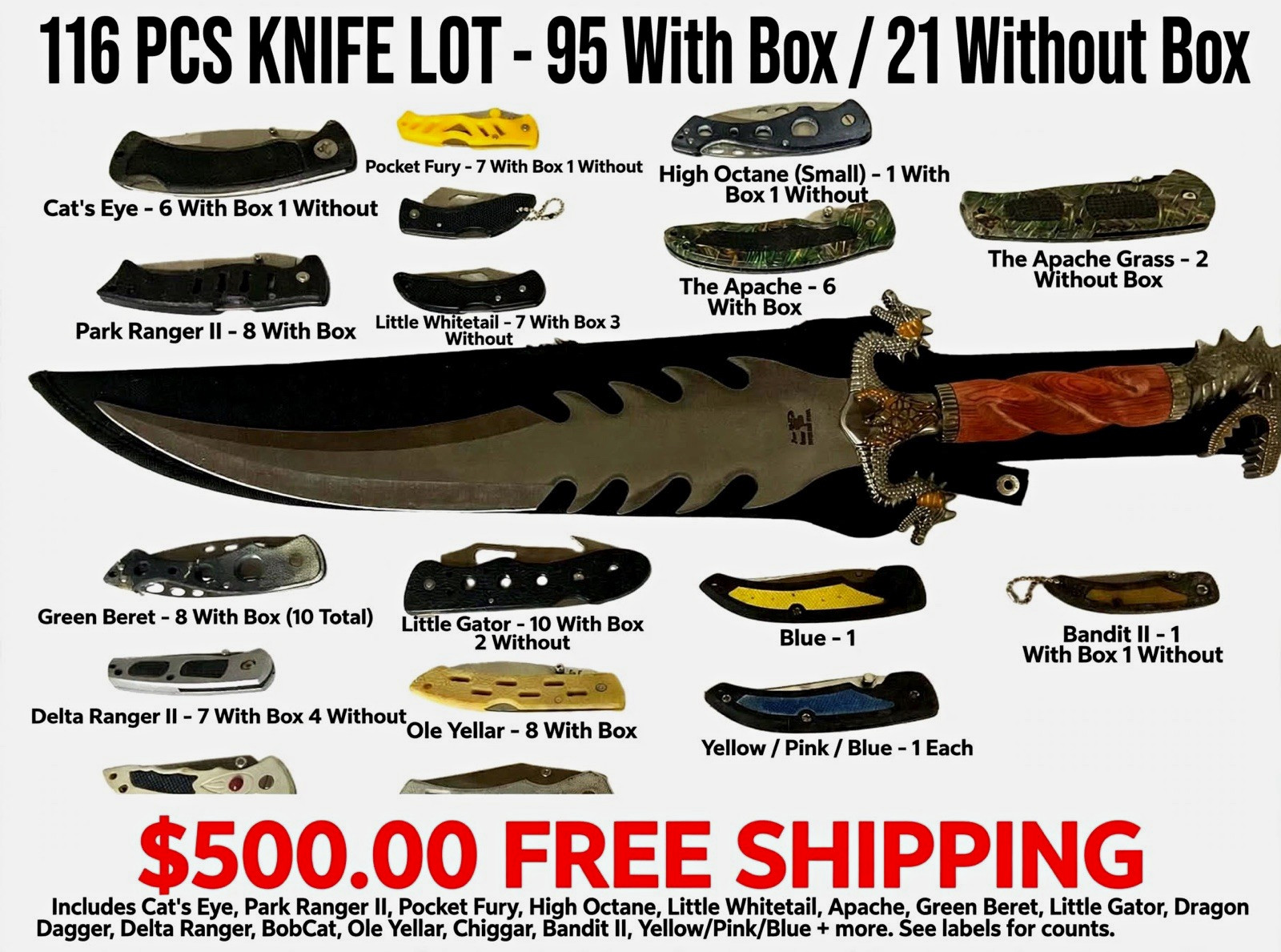116pc Folding Knife Lot, Stainless Steel Clip Point, Liner Lock, Multicolor