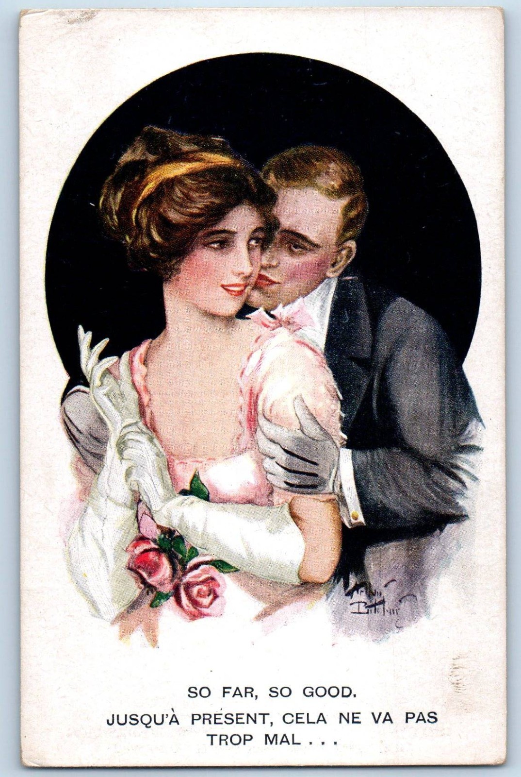 c1910's Romance Sweet Couple So Far So Good Signed Artist Antique Postcard