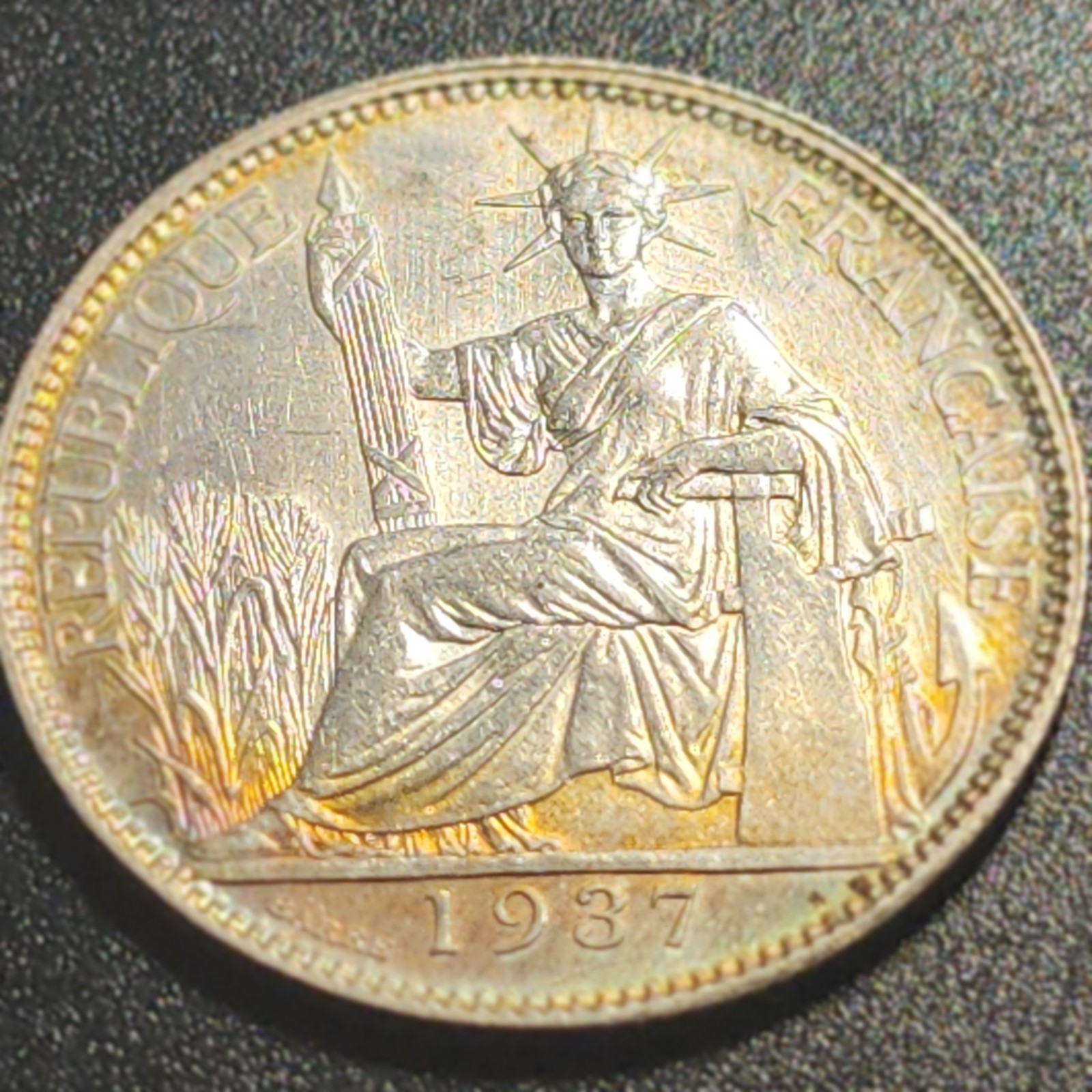 1937 A FRENCH INDO-CHINA SILVER 20 CENTS COIN “TONED” UNCIRCULATED-
