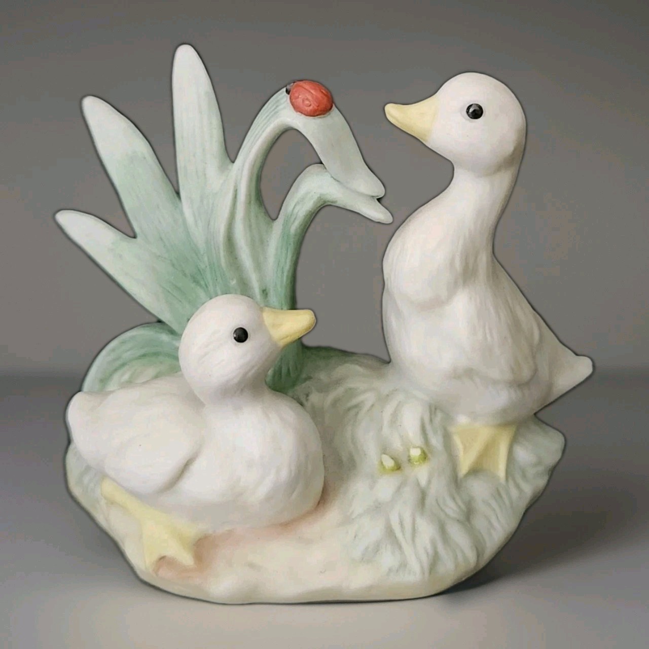 Vtg 1988 Enesco Duck Pair & Lady Bug Figurine White Porcelain Mint Adorable HTF