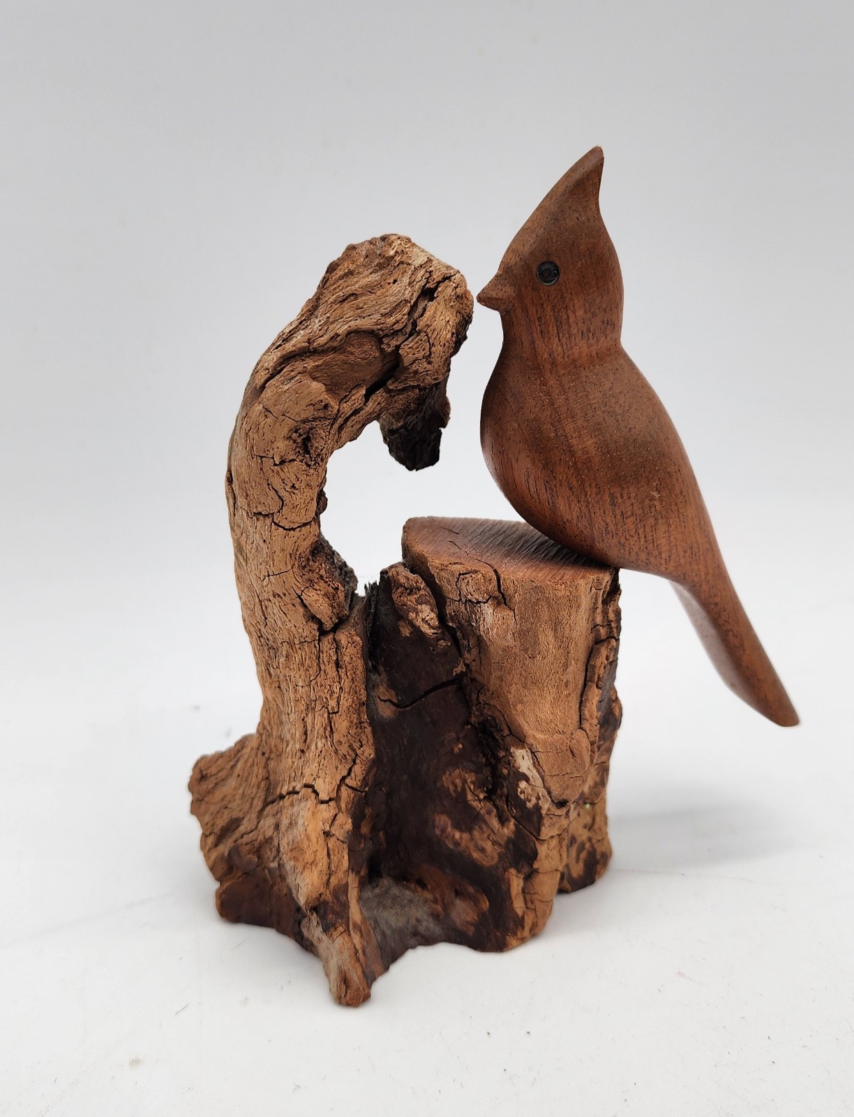 Hand Carved Wooden Bird on Natural Driftwood Sculpture Rustic Folk Art Decor