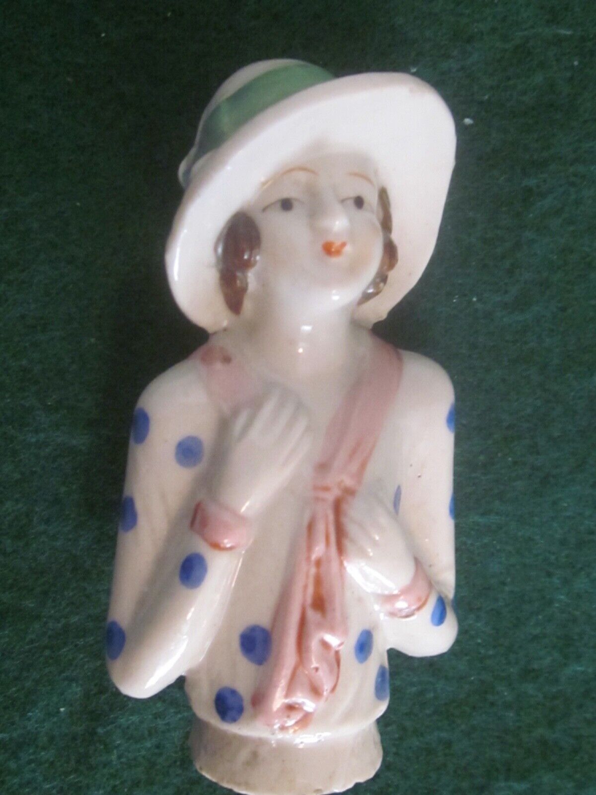 Antique 3 1/2” Deco Lady Half Doll Pin Cushion Doll Marked Japan