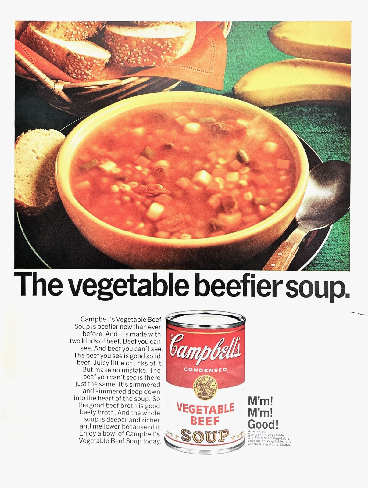 Campbell’s Vegetable Beef Soup Beefier Mmm Mmm Good Food 1968 Vtg Mag Print Ad