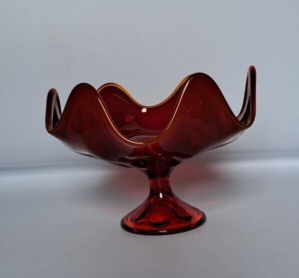 Vtg Viking Glass Epic Ruby Red Amberina Tangerine Fire Tips Compote Dish Bowl