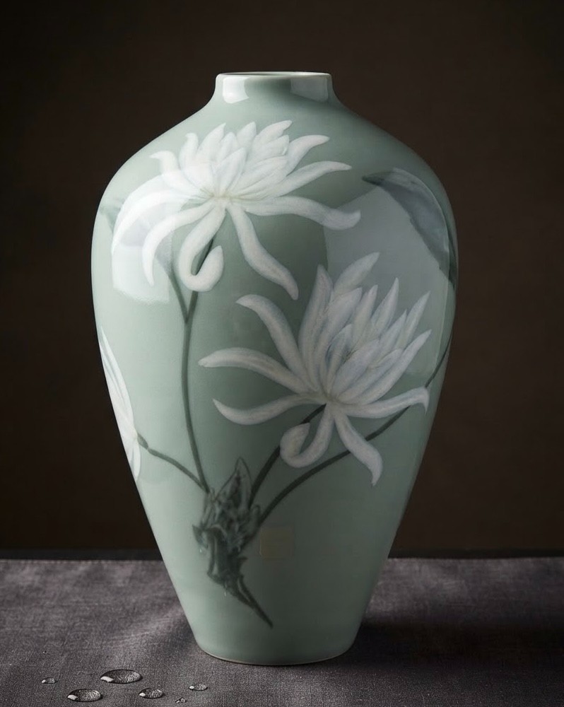 Vintage Lladro 1593 Chrysanthemum Porcelain Vase Green Glazed Retired 1988 Spain