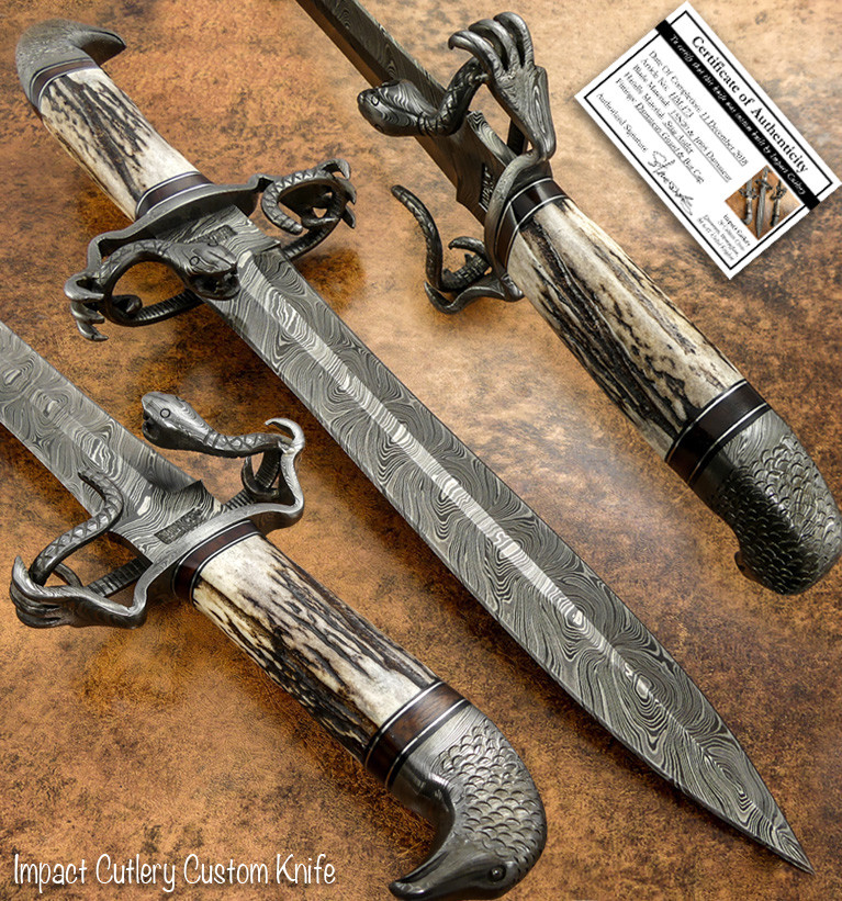 1-Of-A-Kind Impact Cutlery Rare Custom Damascus Dagger Knife Stag Antler
