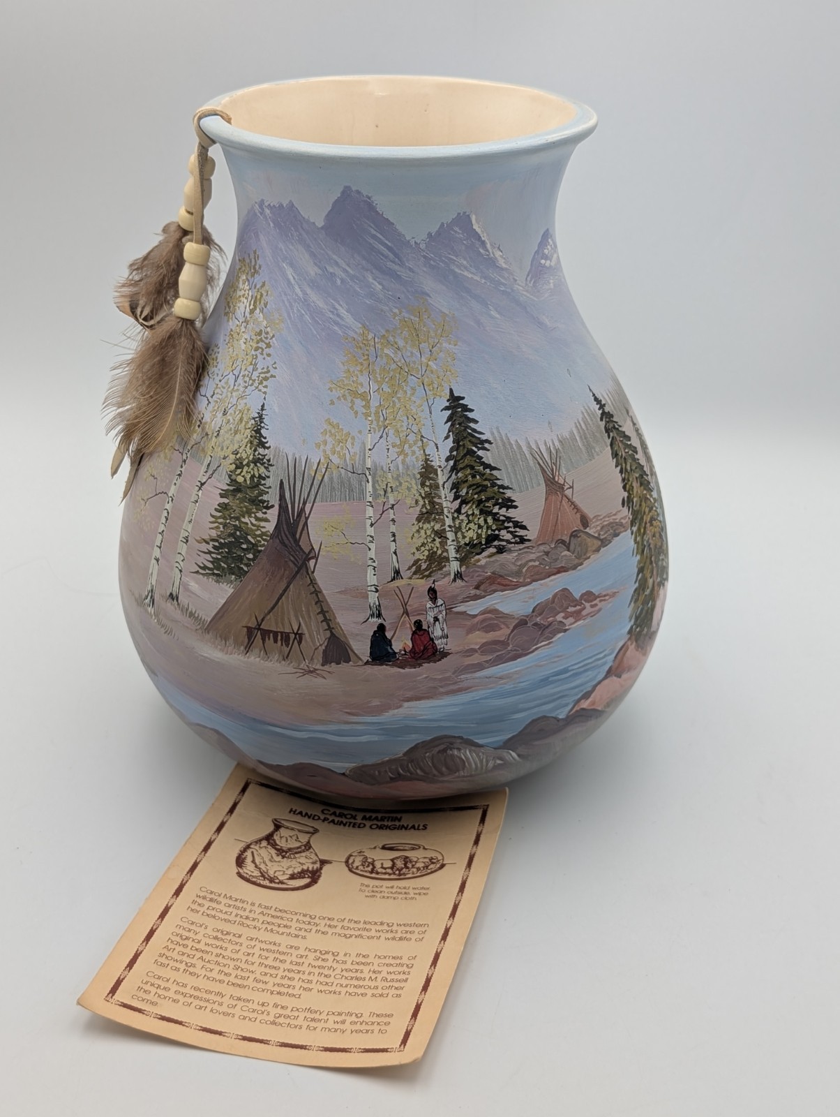 Indian Artisan Pottery Vase RIVER ENCAMPMENT Signed Carol Martin 1988