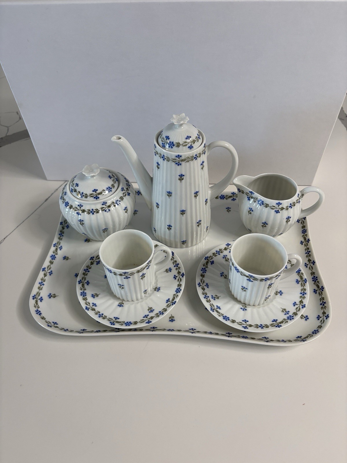 GDA Limoges France Porcelain Blue Floral Tea Set Teapot Cups Saucers Tray
