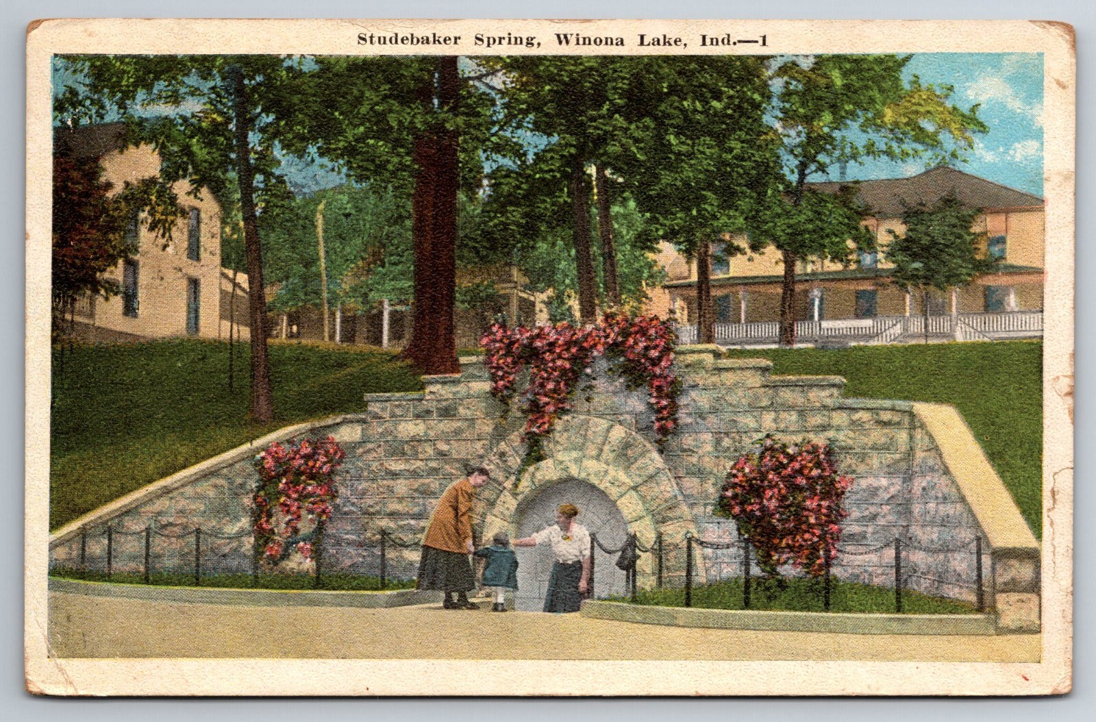 Winona Lake, IN, Studebaker Spring, Women, Children, Vintage Postcard